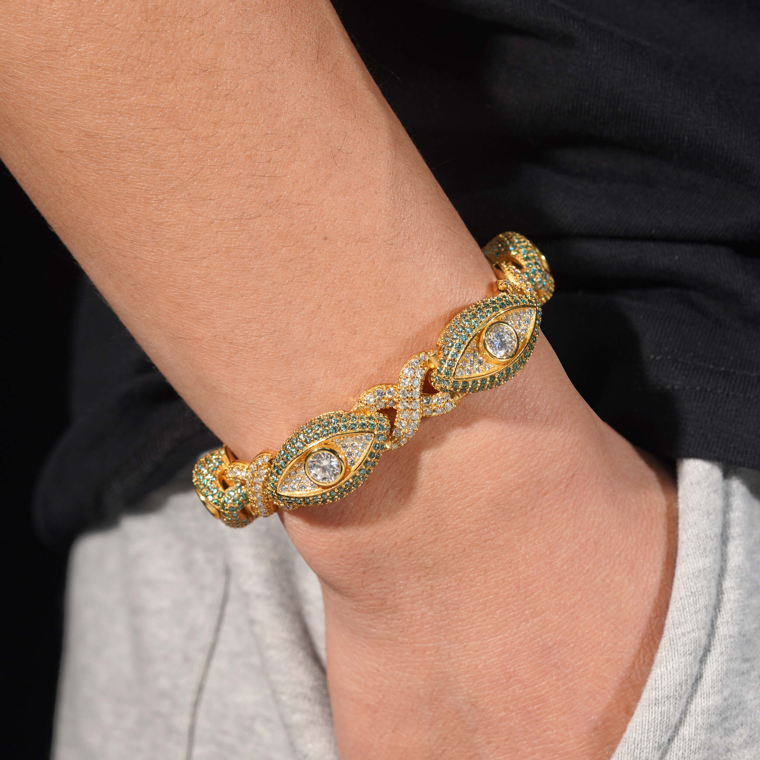 Iced Out 15MM Width Gold Plated VVS Moissanite Evil Eye Link Bracelet For Men