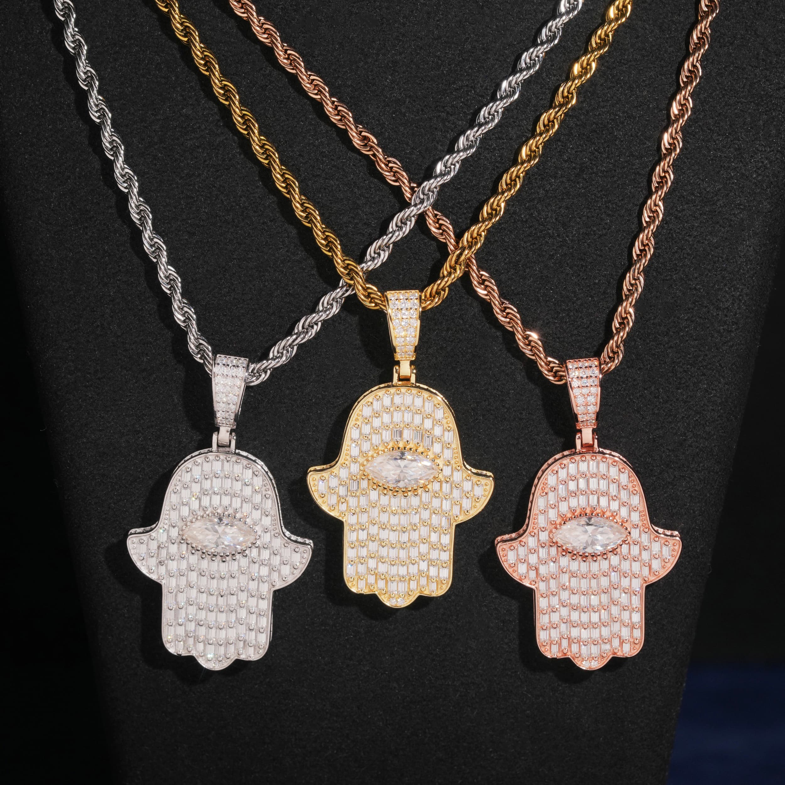 VVS Moissanite Diamond Hamsa Pendant Solid Silver