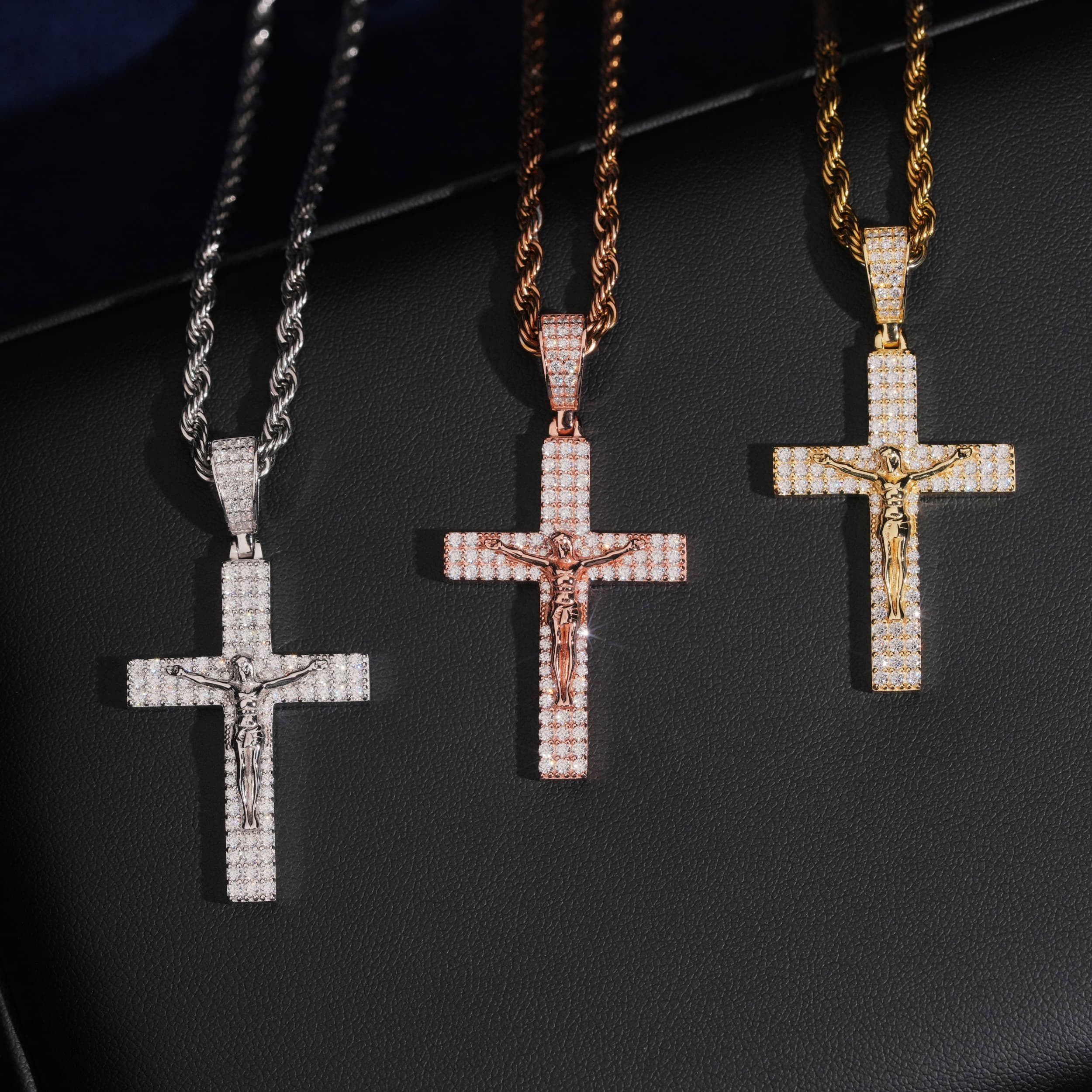 Cross Jesus Pendant Solid Silver Match 3MM Rope Chain