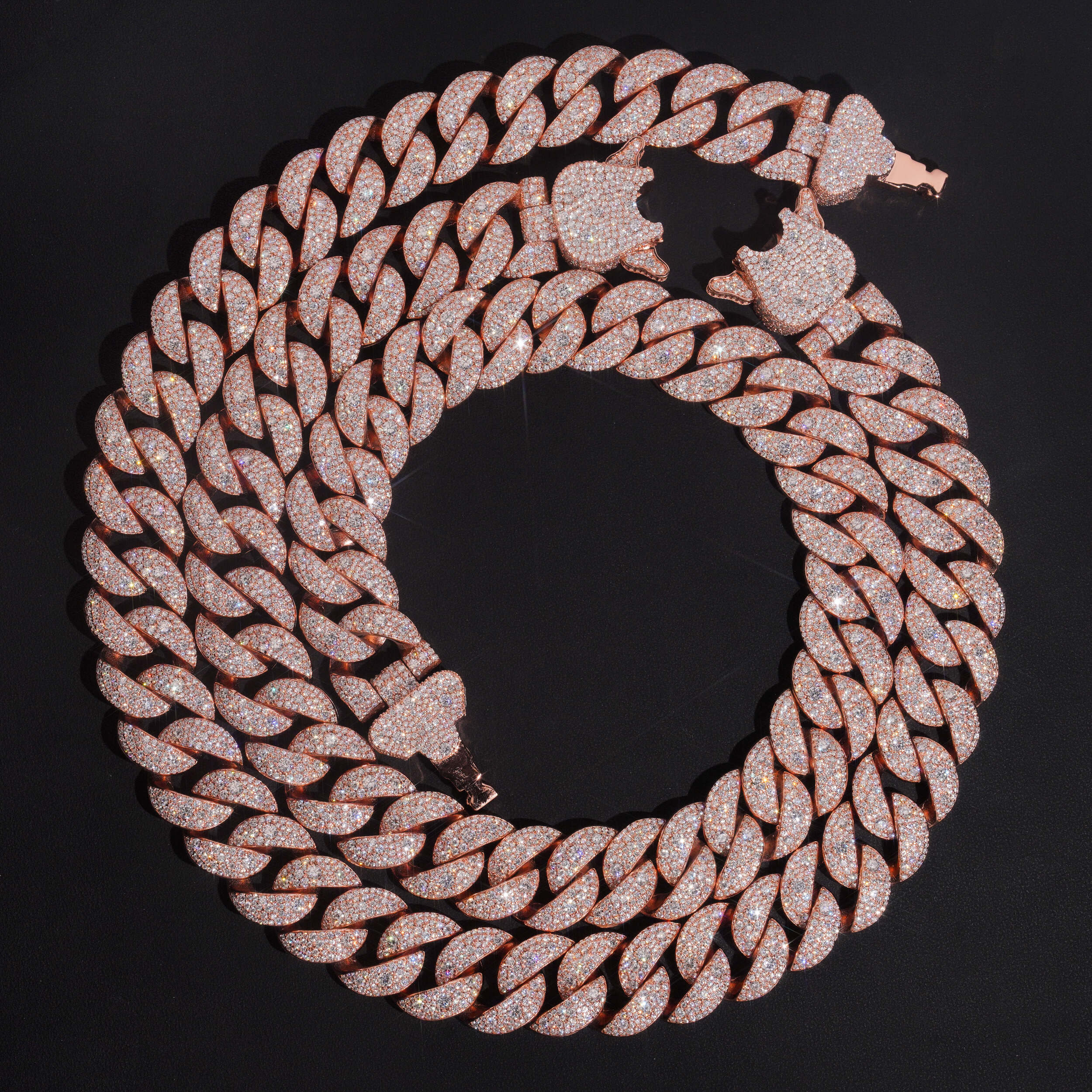 New Arrival Iced Out Dior Lock Rose Gold Mosaic Setting Cuban Link Chain Necklace 24MM Width