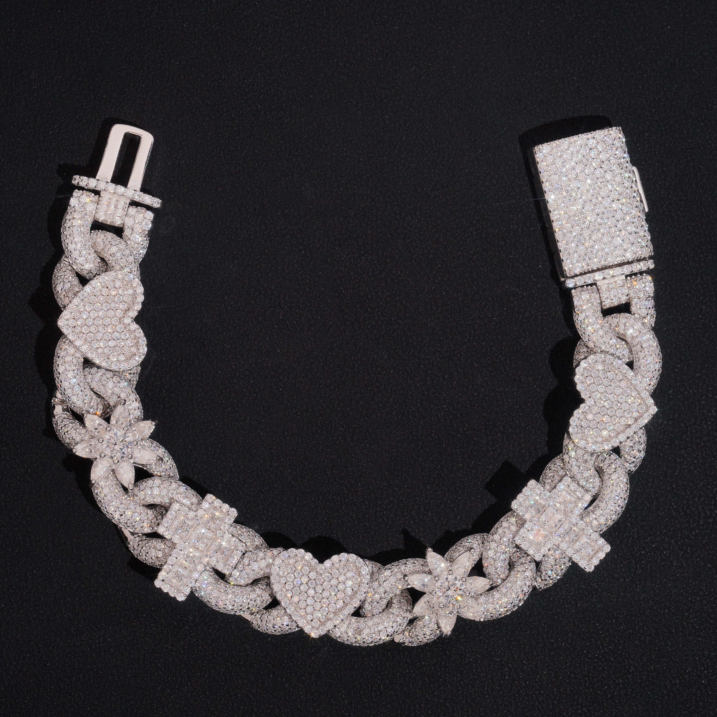18MM Width Solid Silver VVS Moissanite Diamond Flower Mix Cross Charm Cuban Link Bracelet For Men