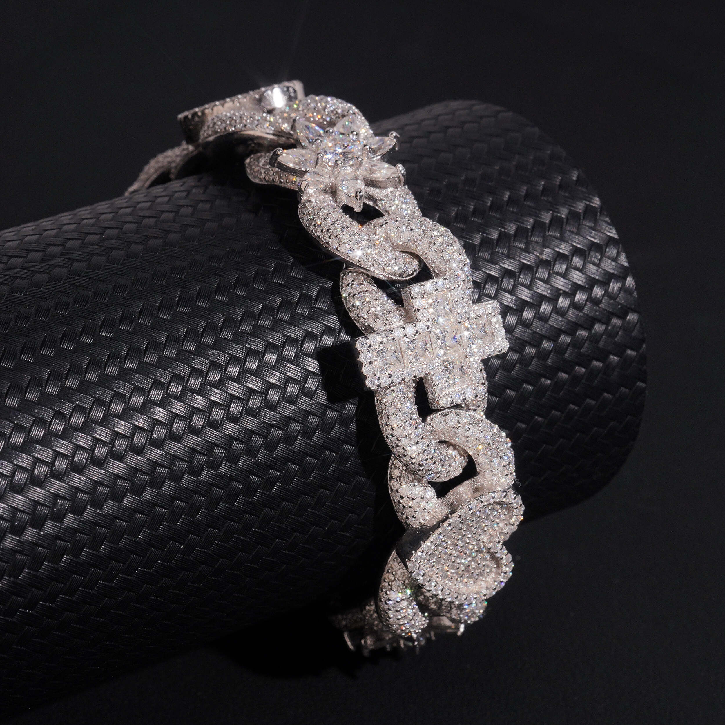 18MM Width Solid Silver VVS Moissanite Diamond Flower Mix Cross Charm Cuban Link Bracelet For Men