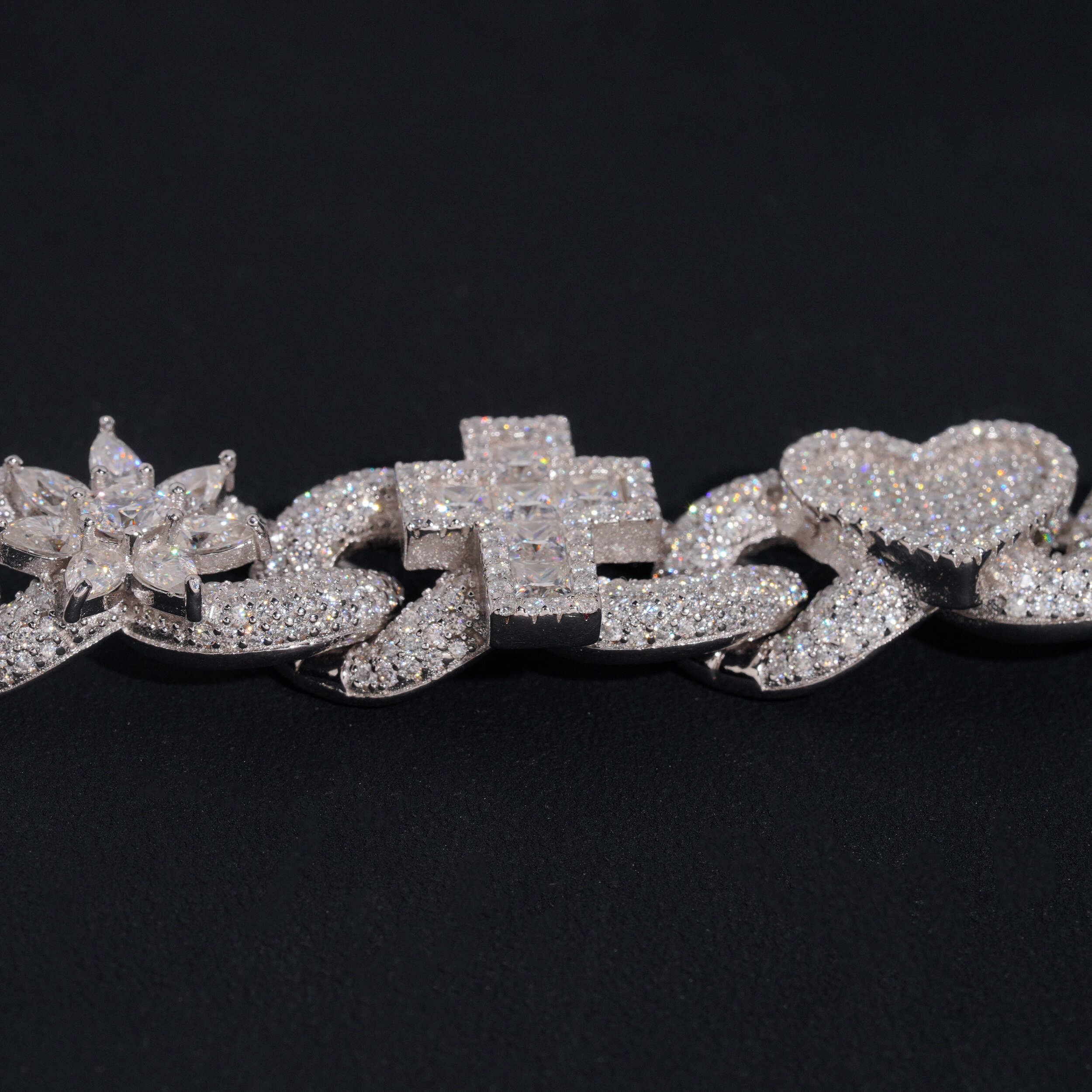 18MM Width Solid Silver VVS Moissanite Diamond Flower Mix Cross Charm Cuban Link Bracelet For Men