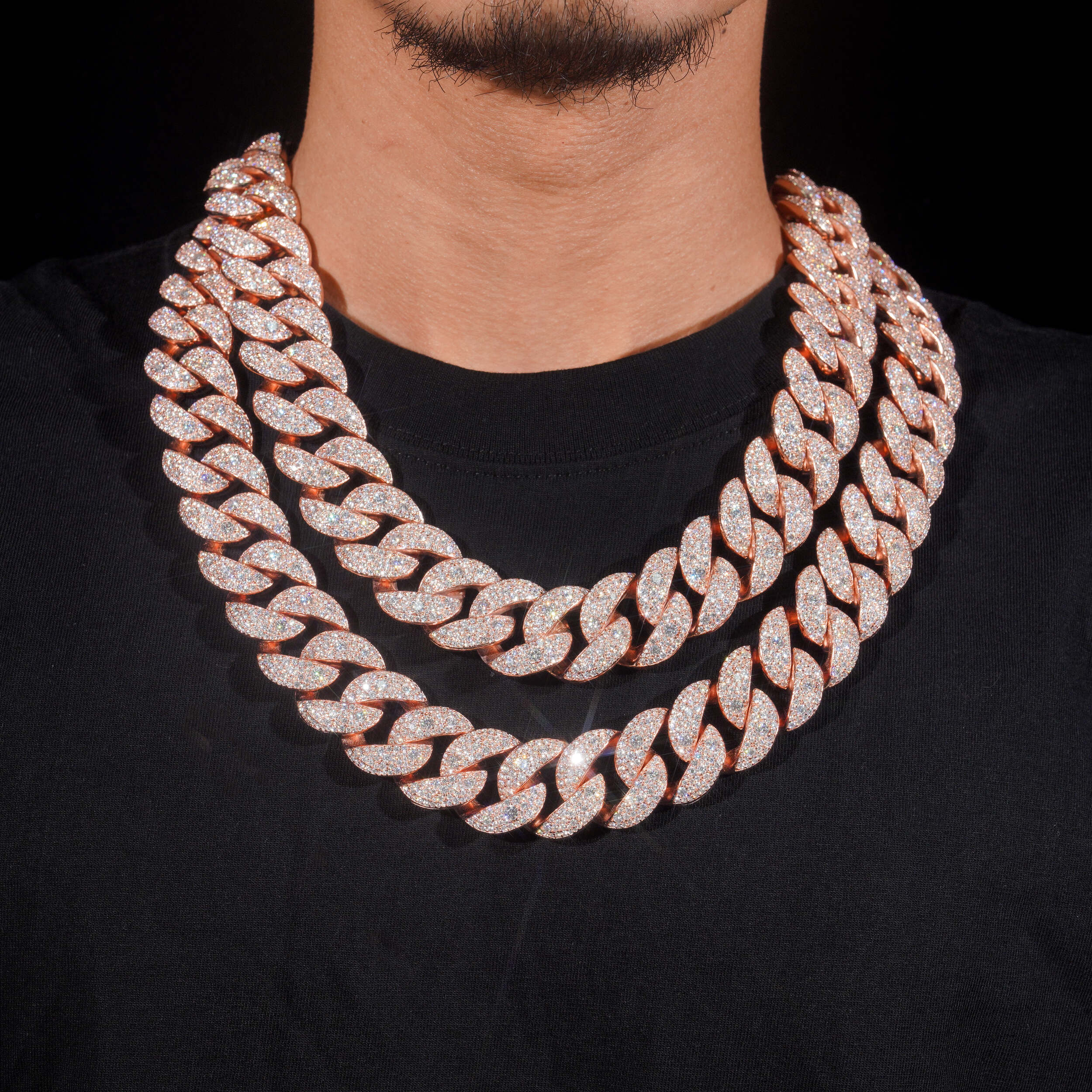 New Arrival Iced Out Dior Lock Rose Gold Mosaic Setting Cuban Link Chain Necklace 24MM Width