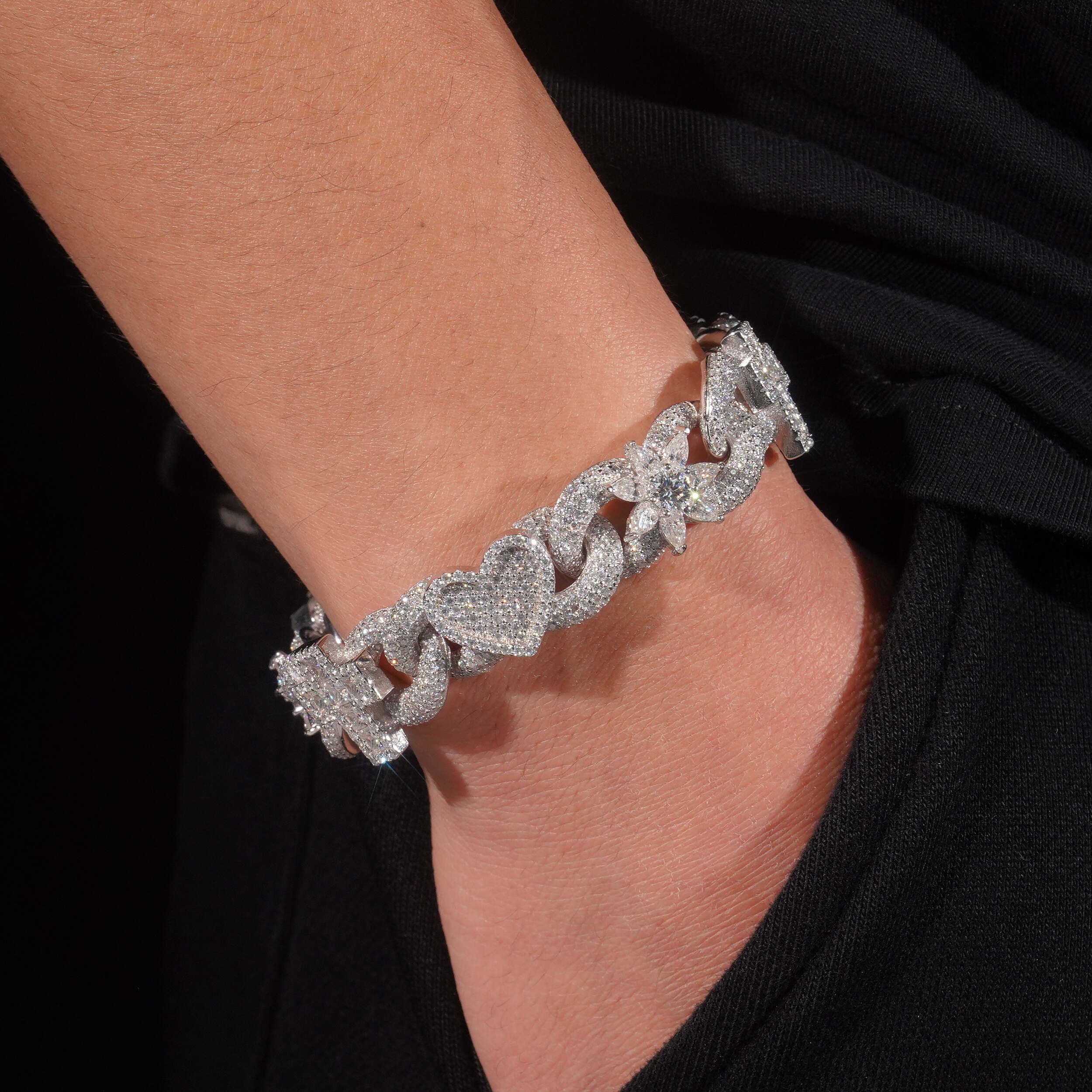 18MM Width Solid Silver VVS Moissanite Diamond Flower Mix Cross Charm Cuban Link Bracelet For Men