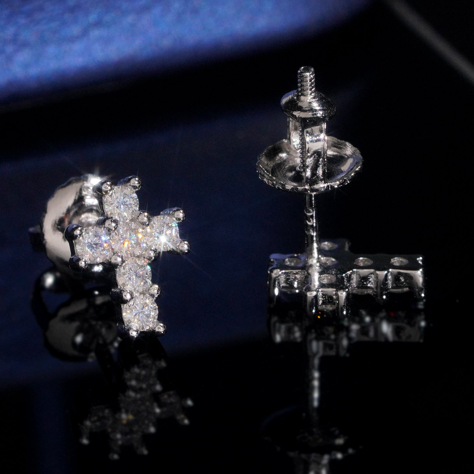 Hip Hop Bling Iced Out VVS Moissanite Diamond Cross Studs Solid Silver