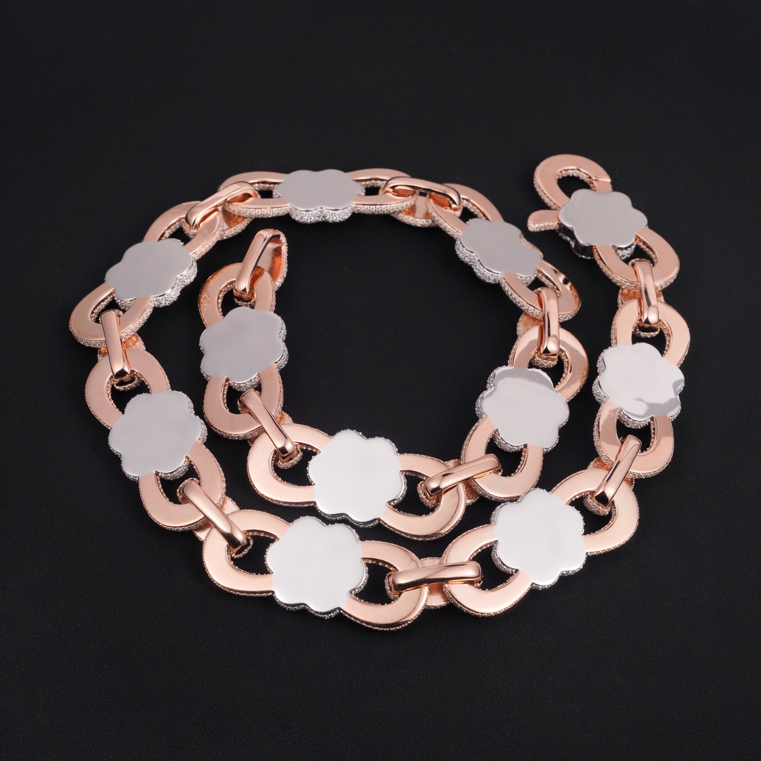 Sterling Silver 925 22MM Rose Gold Two Tone Flower Link Chain Necklace