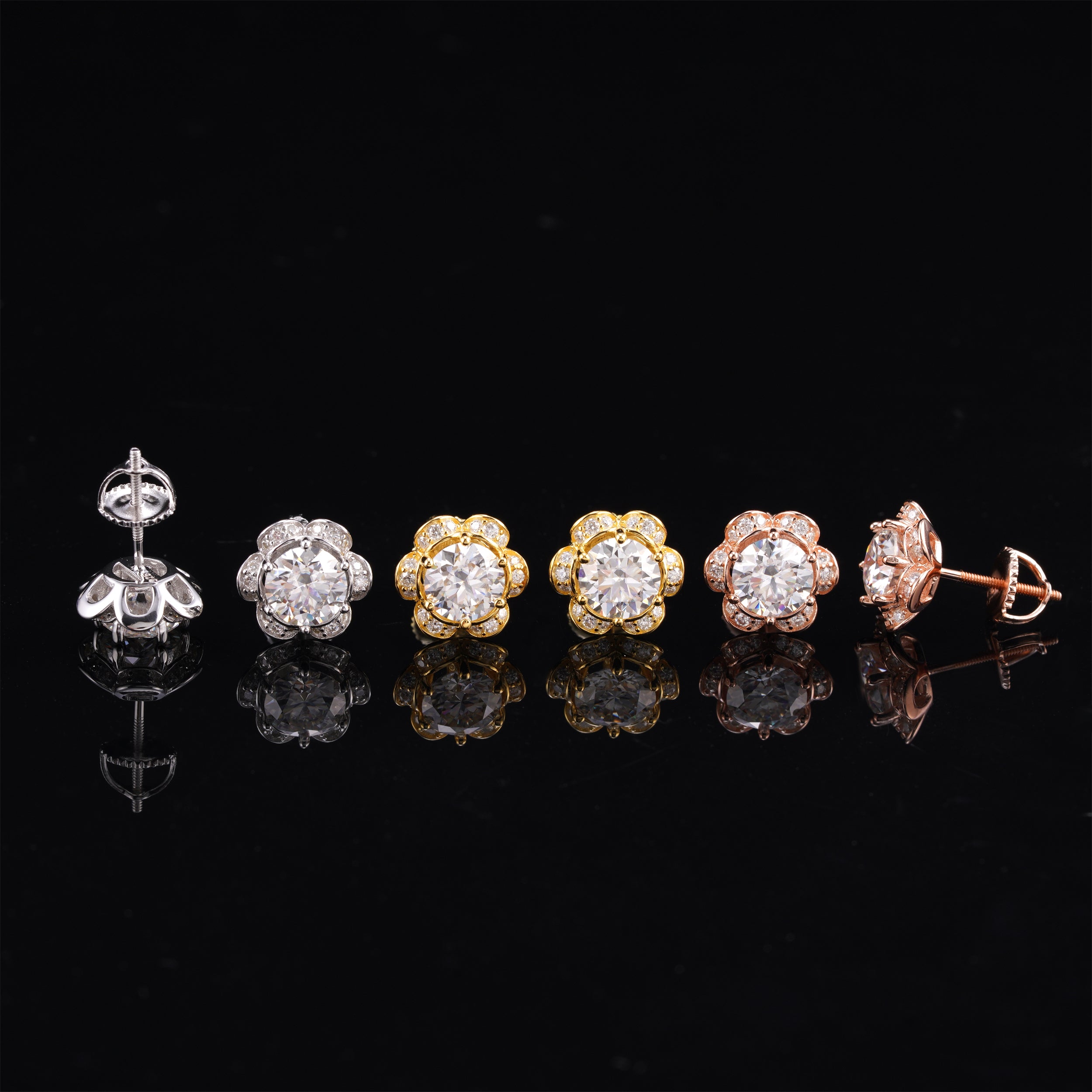 Flower Moissanite Stud Earrings Screw Back VVS Moissanite Diamond 925 Silver
