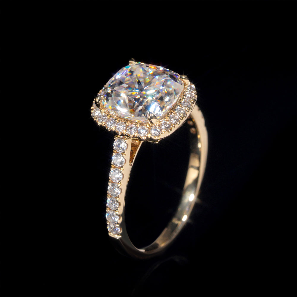 10K 14K 18K Yellow Gold VVS Moissanite Diamond Halo Style Cushion Cut Wedding Ring