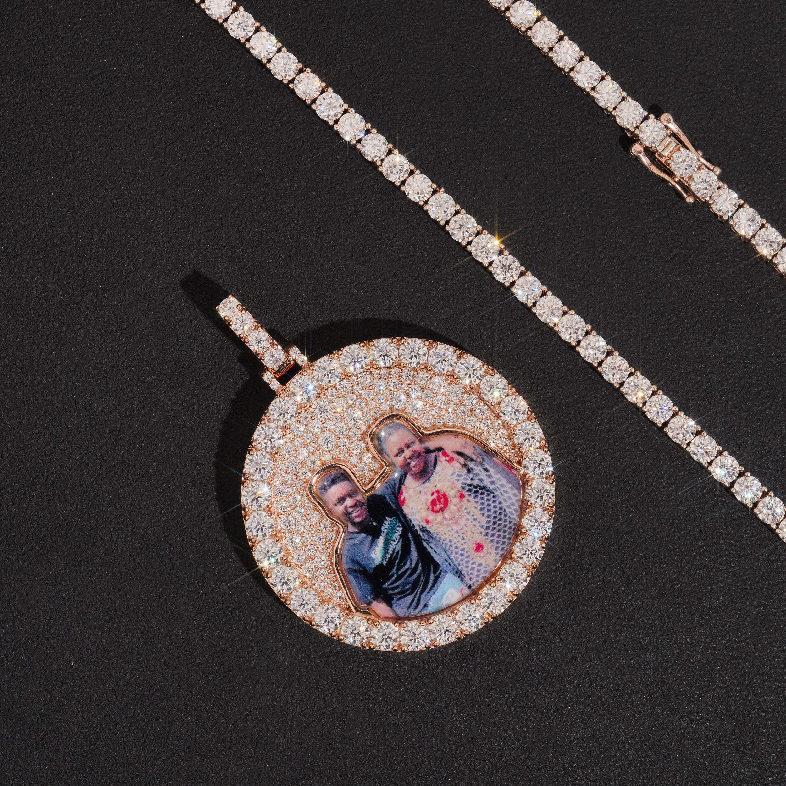 Moissanite Diamond Silver 1.75Inch Mosaic Setting Photo Memory Pendant