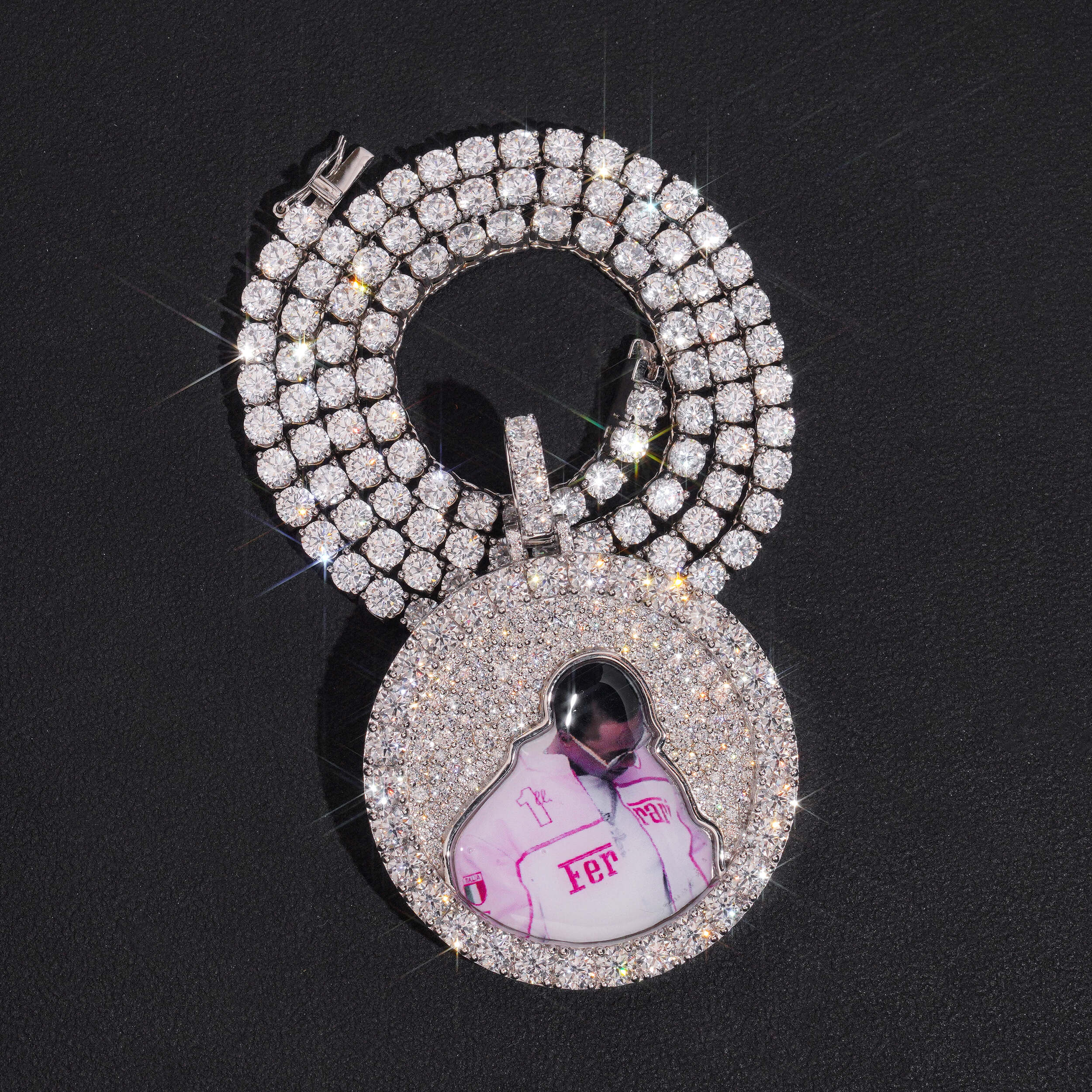 925 Sterling Silver Moissanite Photo Memory Pendant Mosaic Setting