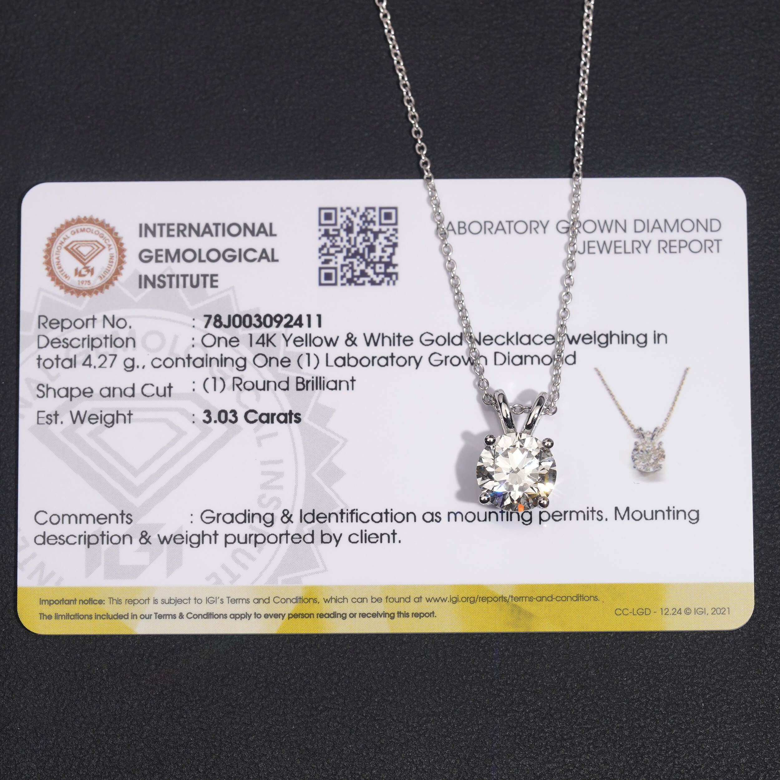 14K White Gold 3CT CVD Diamond Solitaire Necklace