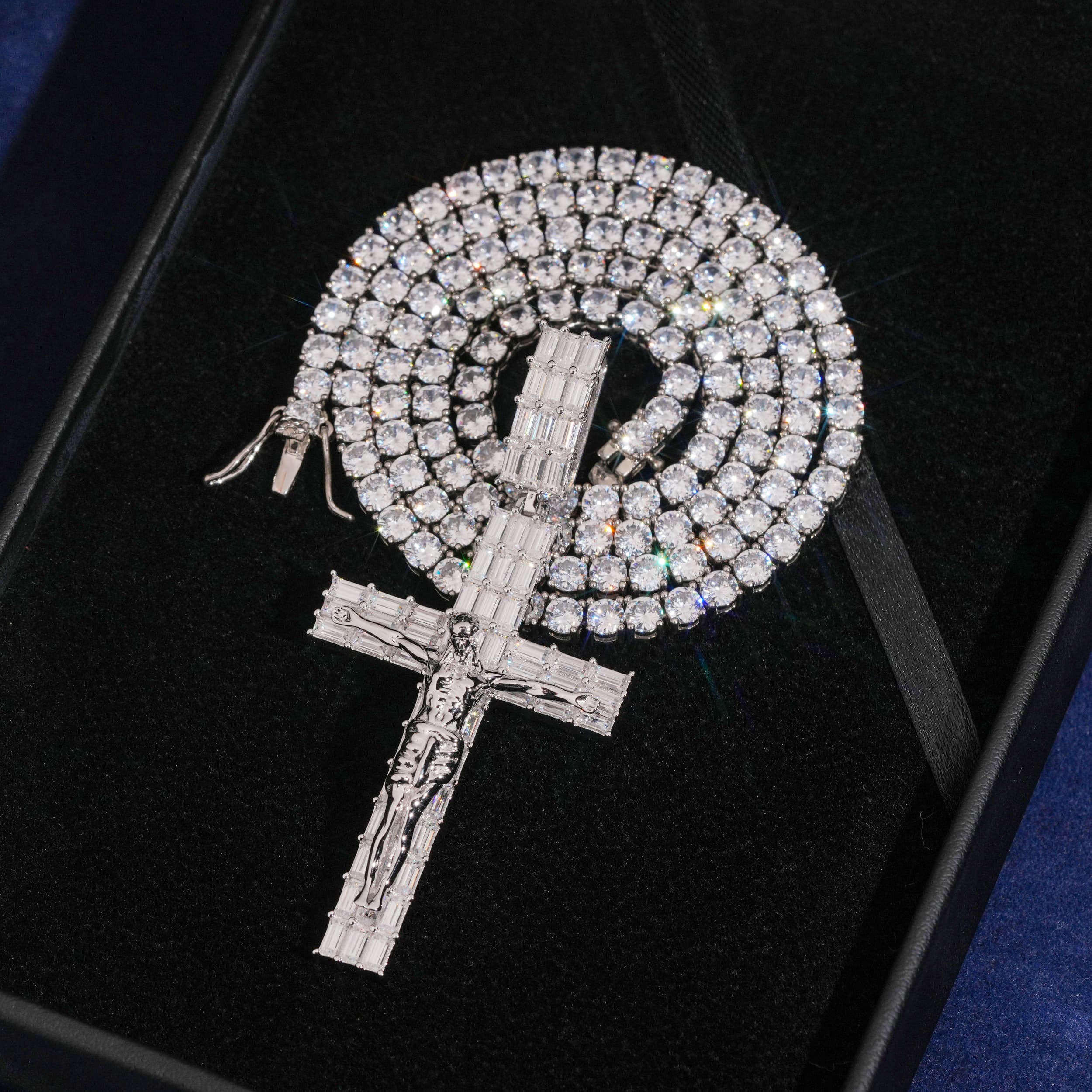 925 Sterling Silver Moissanite Jesus Baguette Cross Pendant Charm Fit For 10MM Cuban Chain