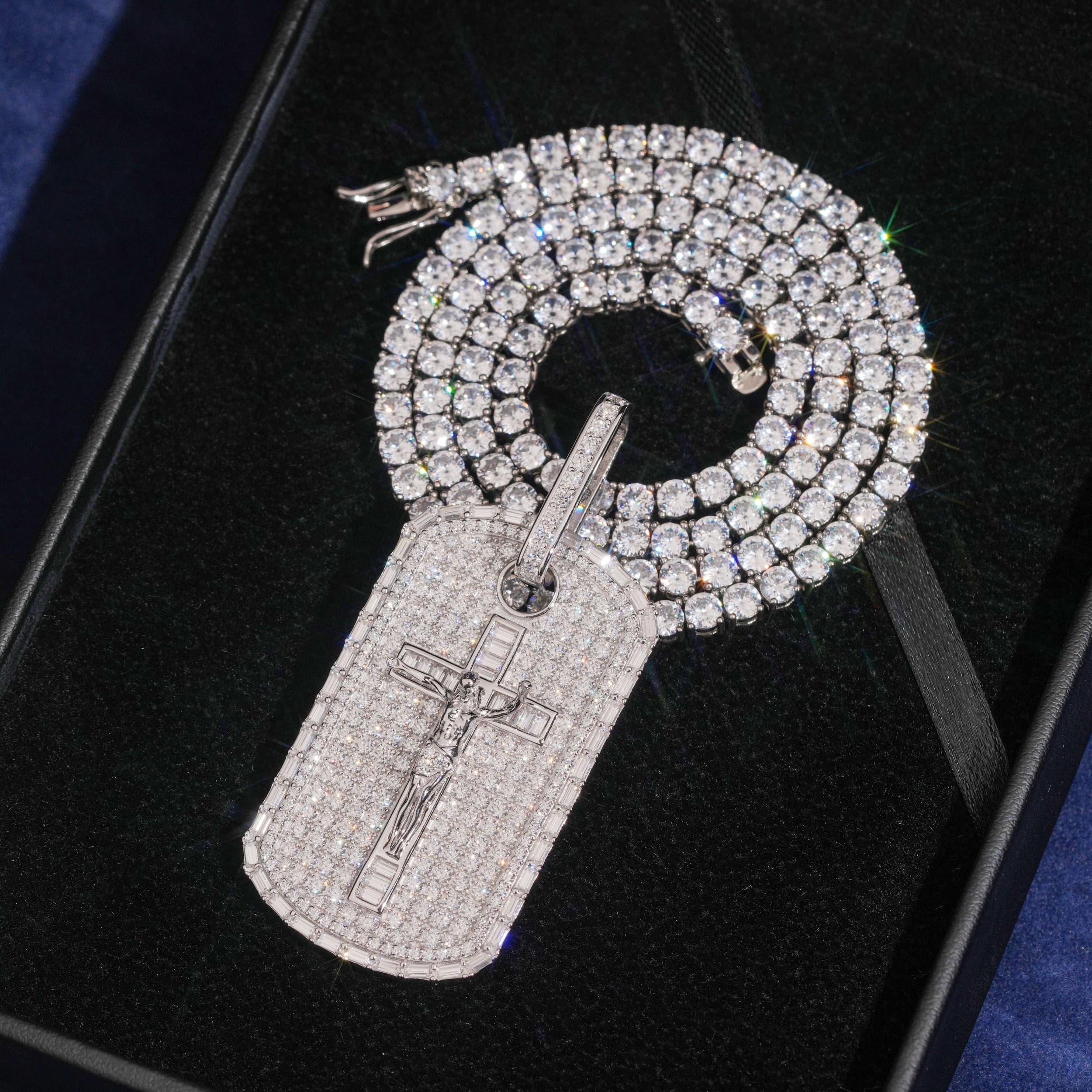 925 Silver Cross Jesus Dog Tag Pendant Moissanite Diamond Men Jewelry