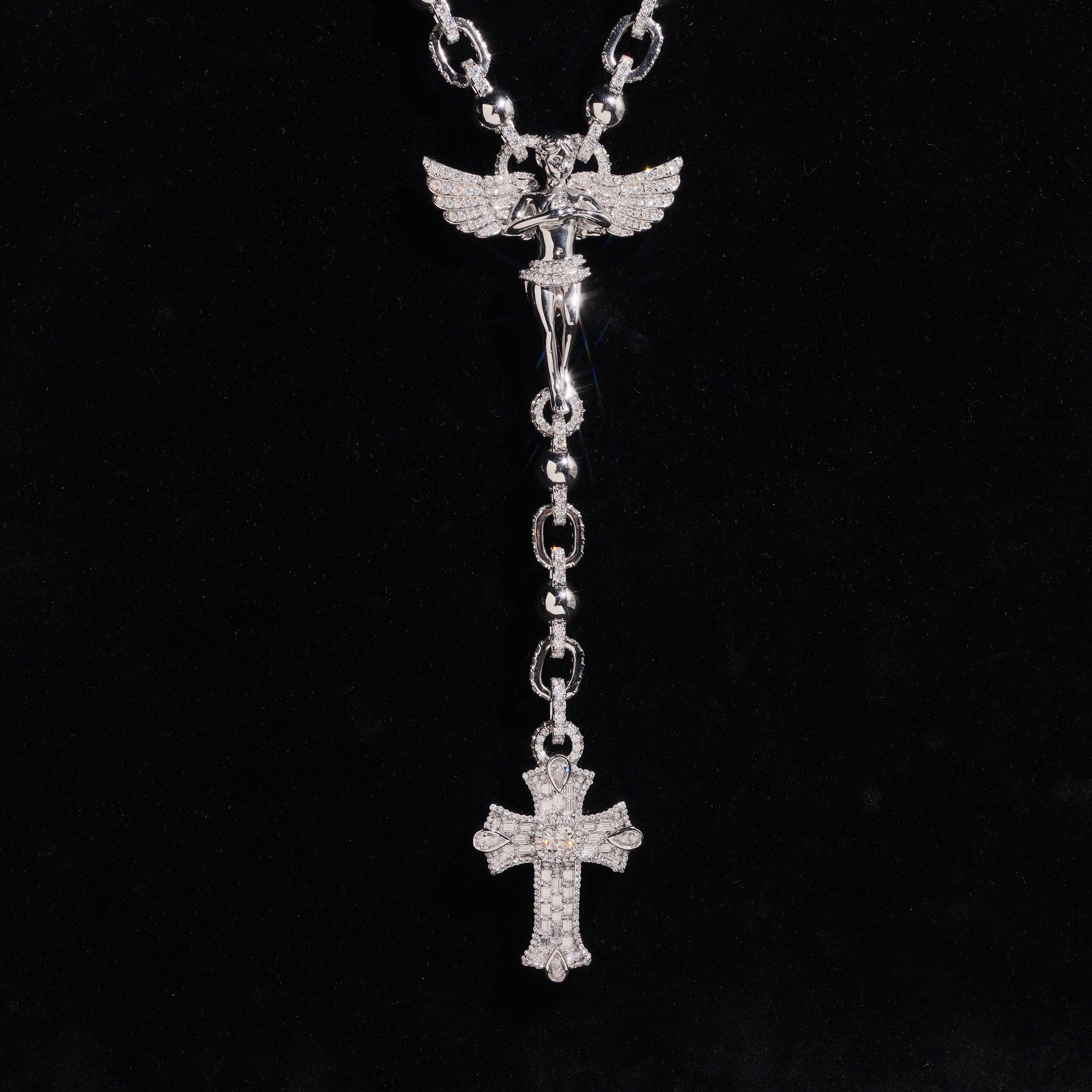 Custom Made Sterling Silver Moissanite Rosardy Cross Jesus Necklace