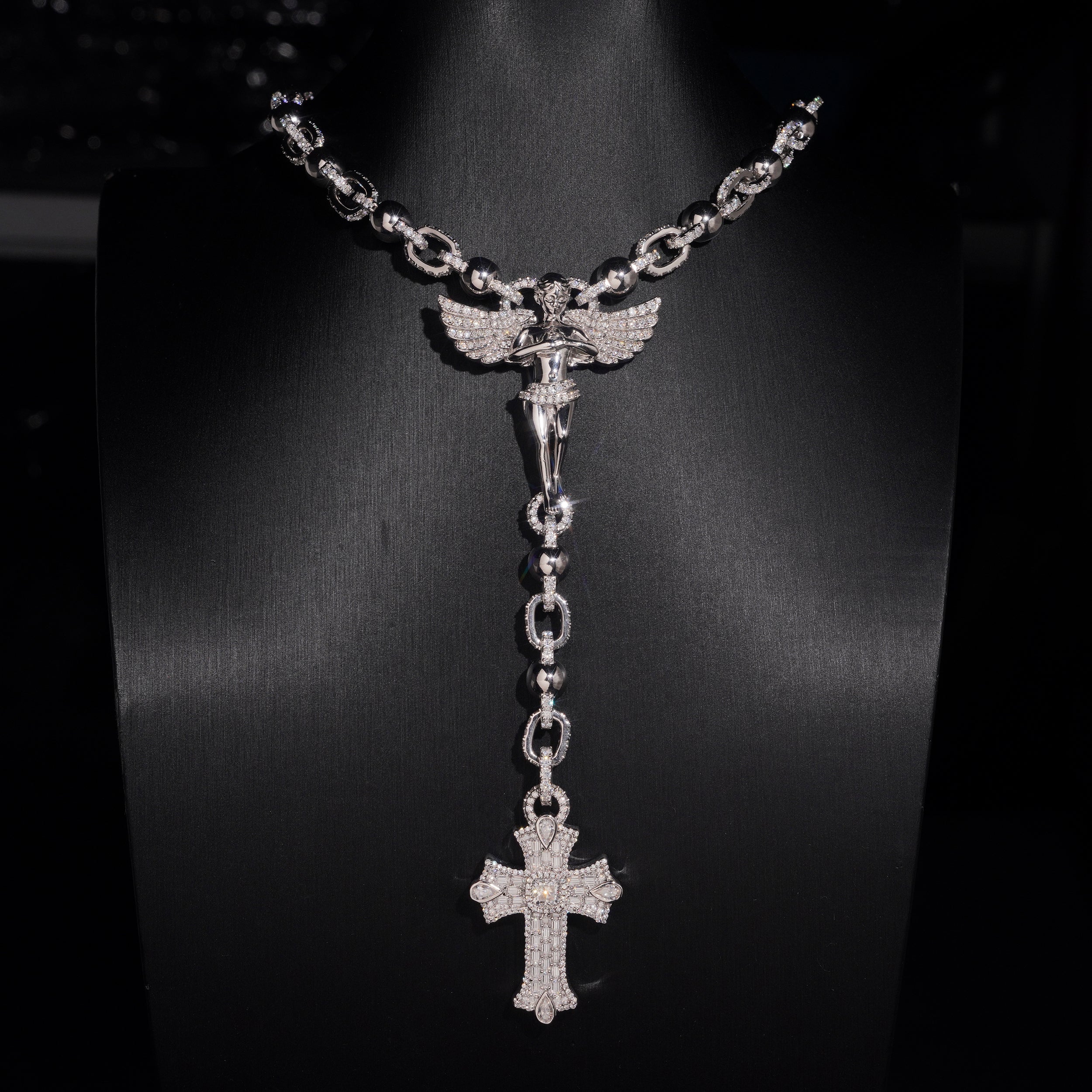Custom Made Sterling Silver Moissanite Rosardy Cross Jesus Necklace