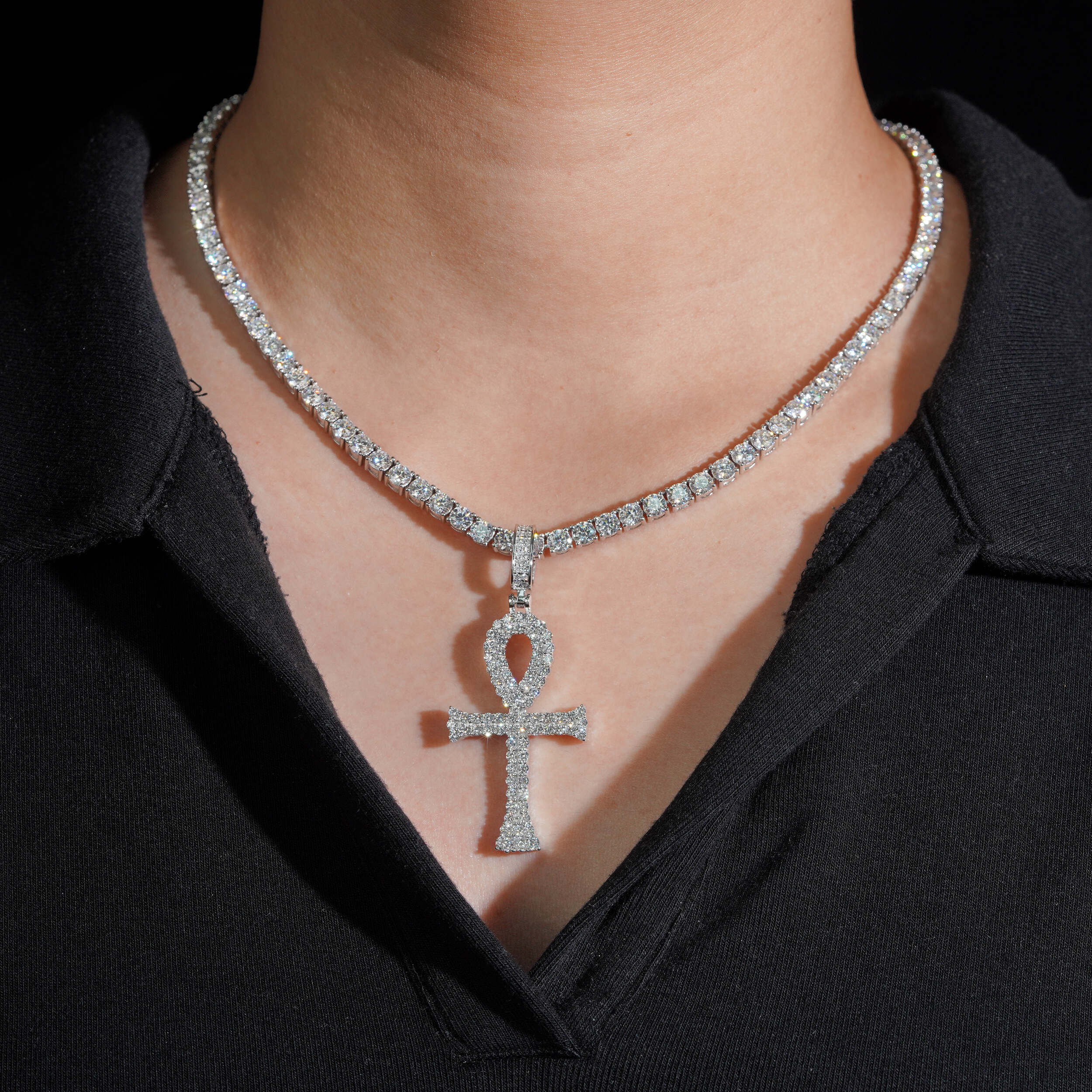 925 Sterling Silver Lab Grown Diamond Ankh Cross Pendant Charm