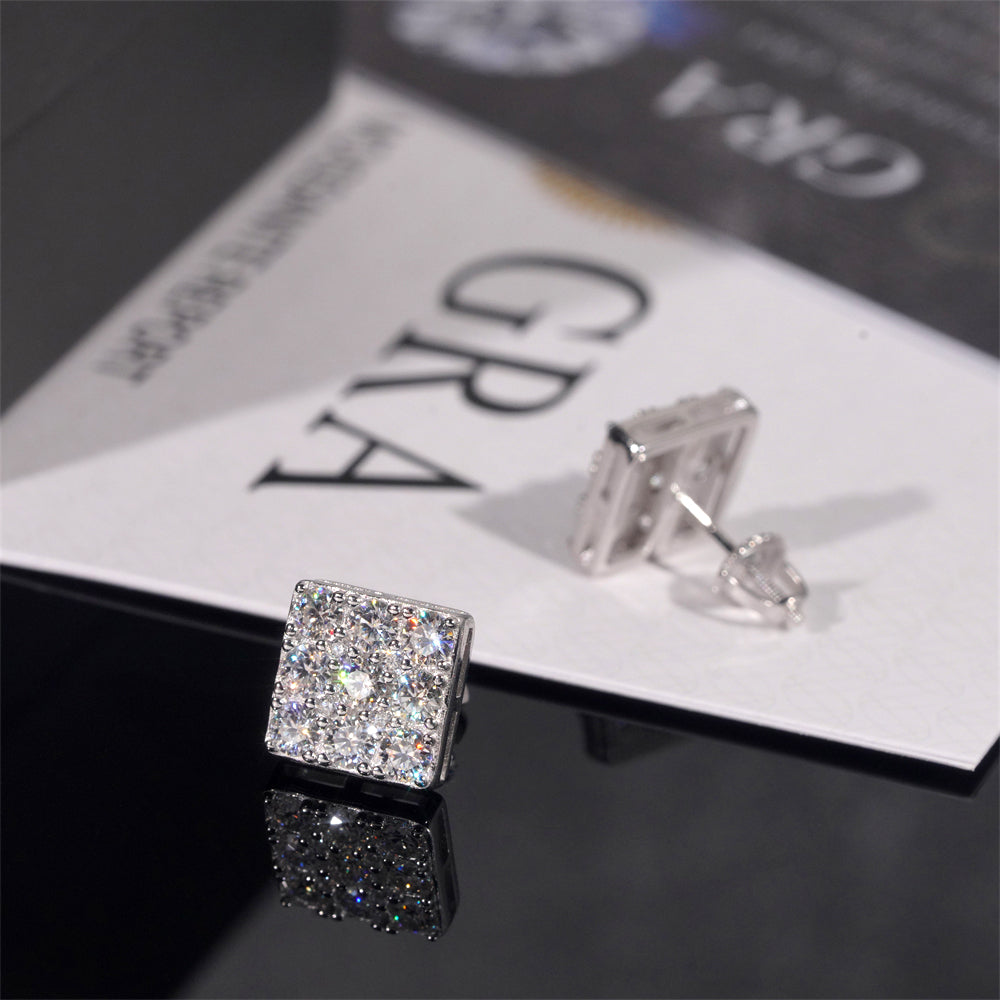 Hot Sell 925 Sterling Silver Sparkle Square Moissanite Earrings For Men