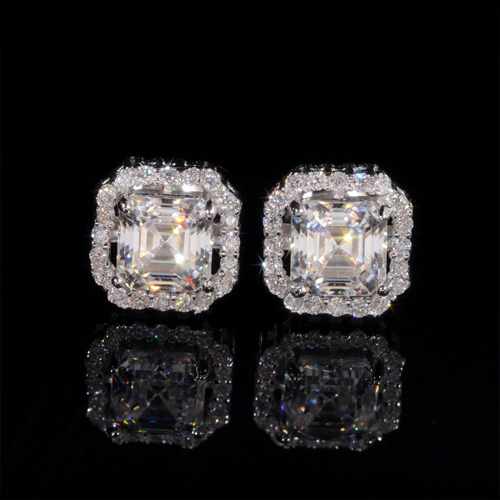 925 Sterling Silver Gra Certificated Asscher Cut Halo Diamond Style Moissanite Earrings For Unisex