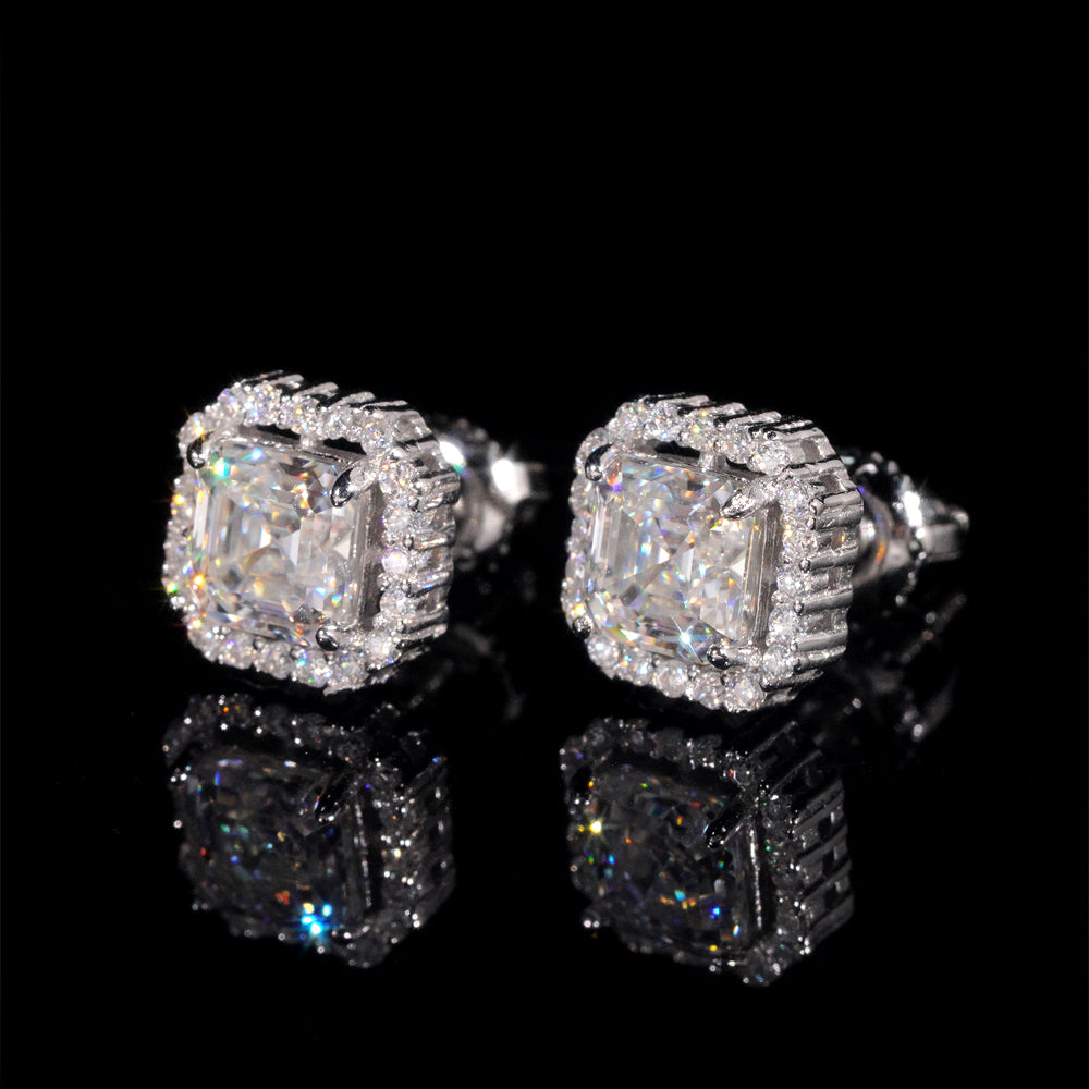 925 Sterling Silver Gra Certificated Asscher Cut Halo Diamond Style Moissanite Earrings For Unisex