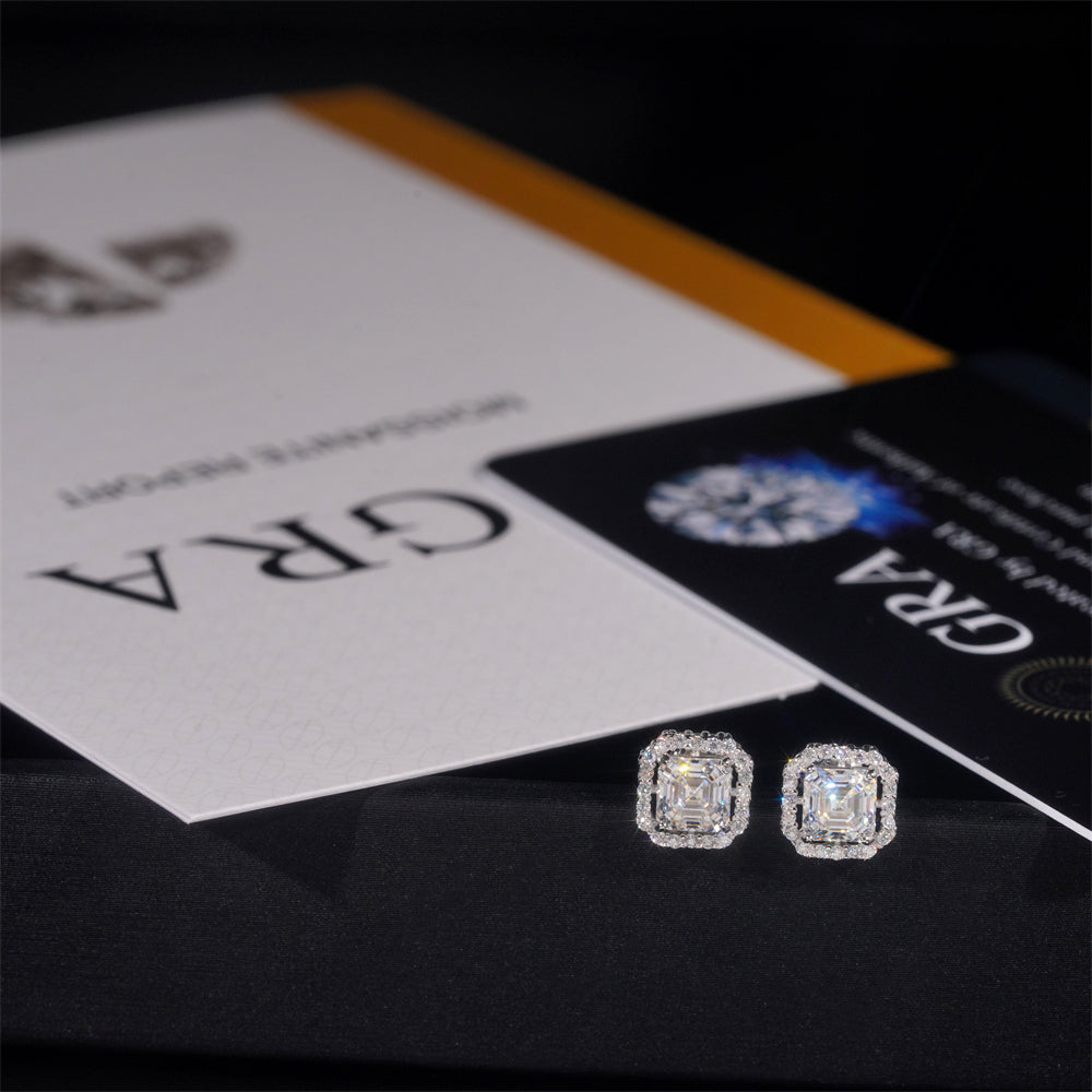 925 Sterling Silver Gra Certificated Asscher Cut Halo Diamond Style Moissanite Earrings For Unisex