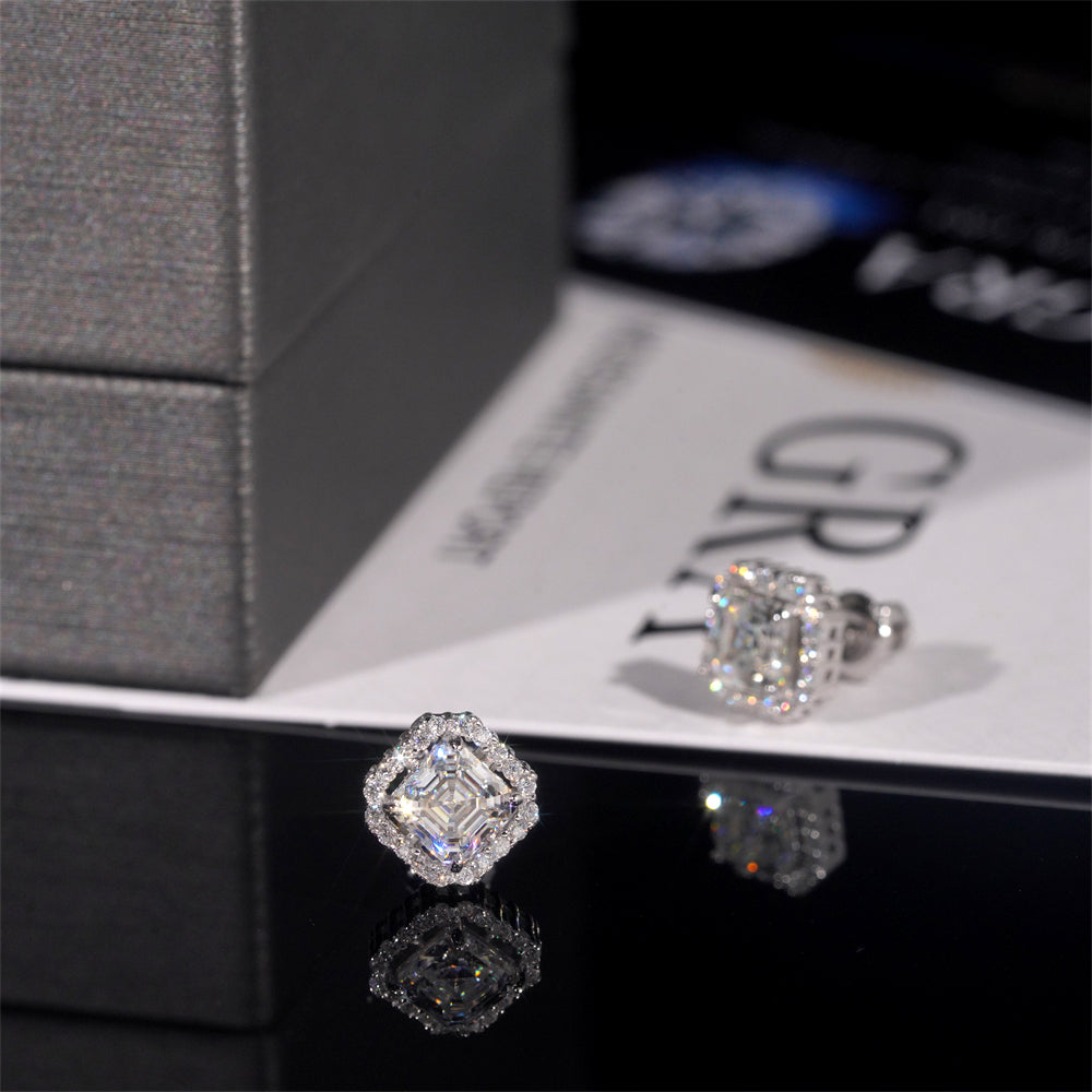 925 Sterling Silver Gra Certificated Asscher Cut Halo Diamond Style Moissanite Earrings For Unisex