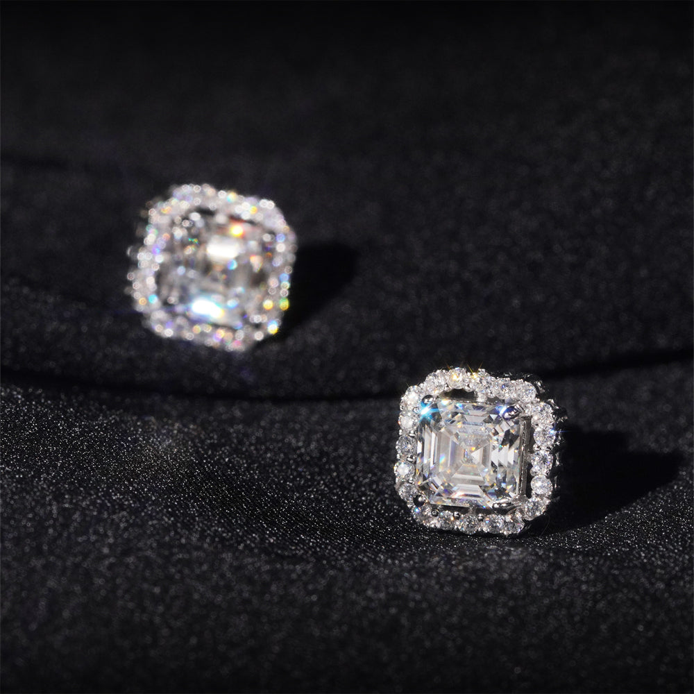 925 Sterling Silver Gra Certificated Asscher Cut Halo Diamond Style Moissanite Earrings For Unisex