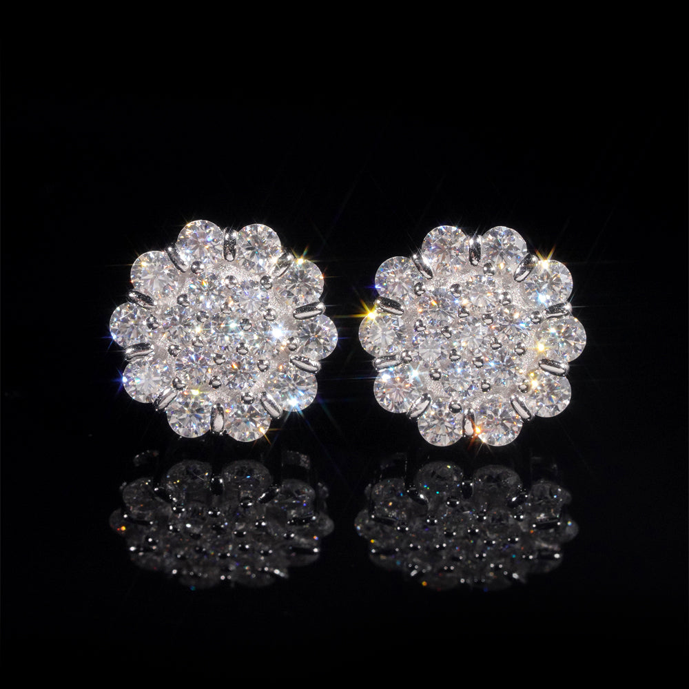 Iced Out Flower Earrings With Moissanite Diamond Screw Back 925 Sterling Silver