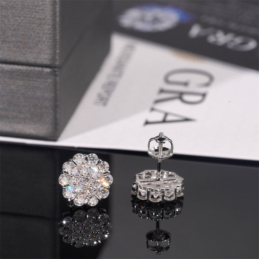 Iced Out Flower Earrings With Moissanite Diamond Screw Back 925 Sterling Silver