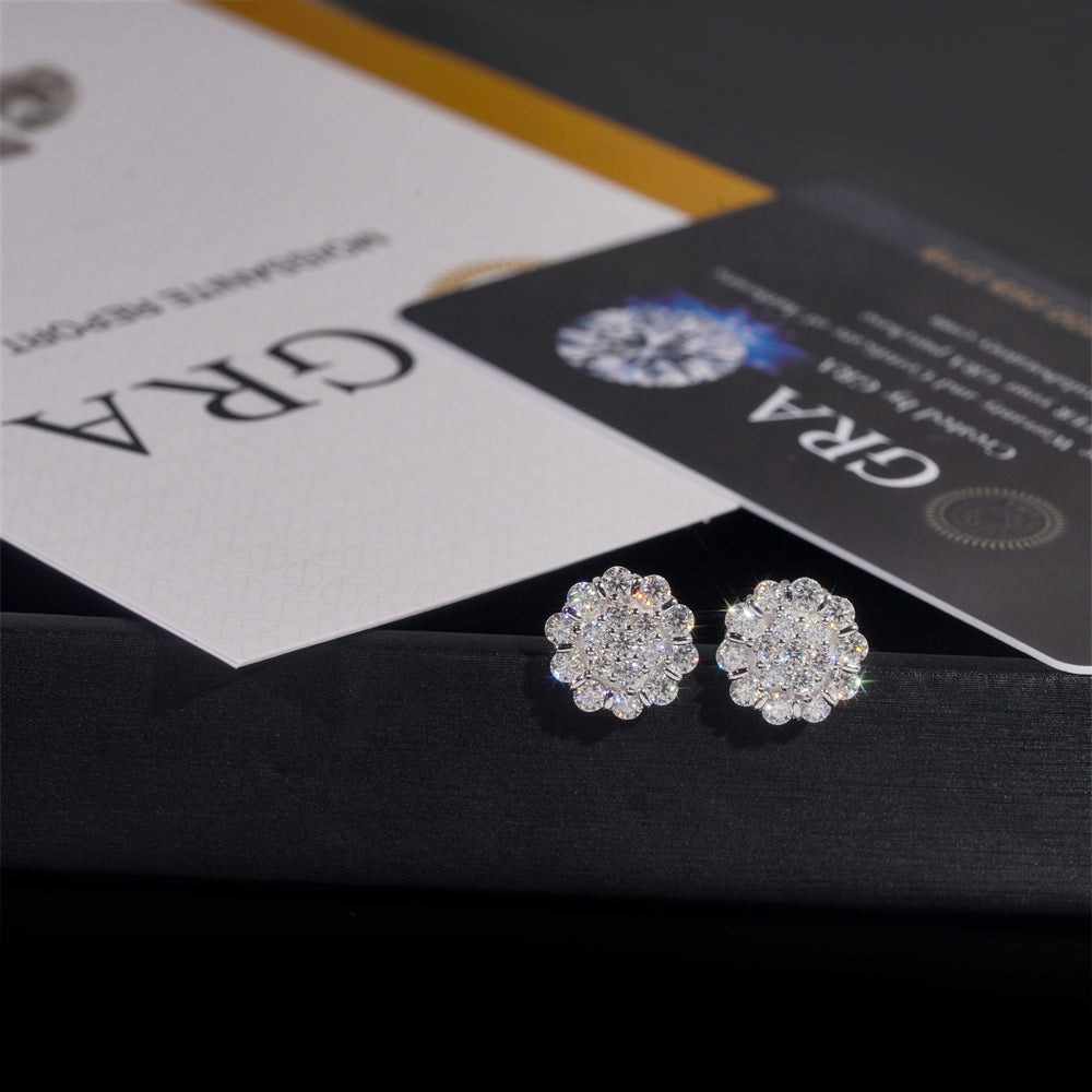 Iced Out Flower Earrings With Moissanite Diamond Screw Back 925 Sterling Silver
