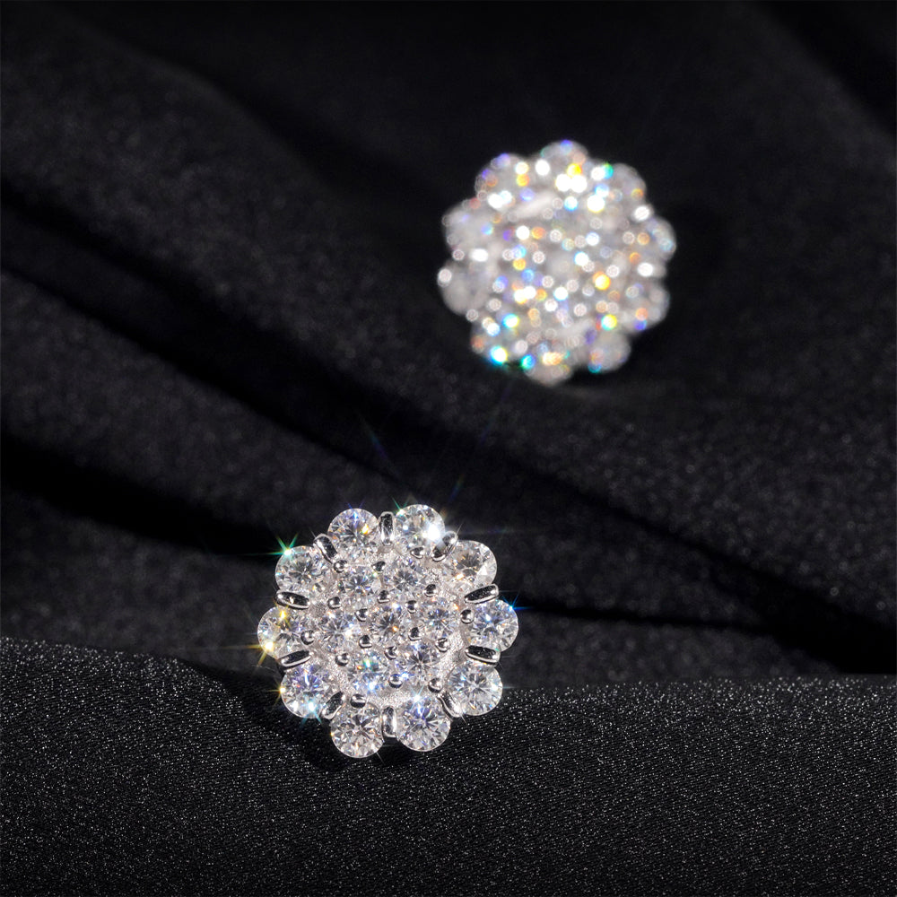 Iced Out Flower Earrings With Moissanite Diamond Screw Back 925 Sterling Silver