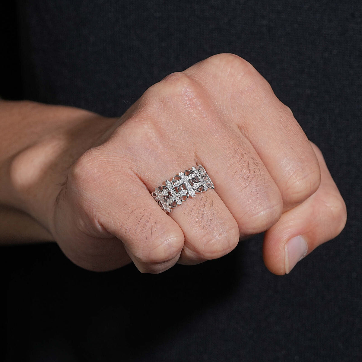 Half Iced Cross Link Men Ring VVS Moissanite Diamond