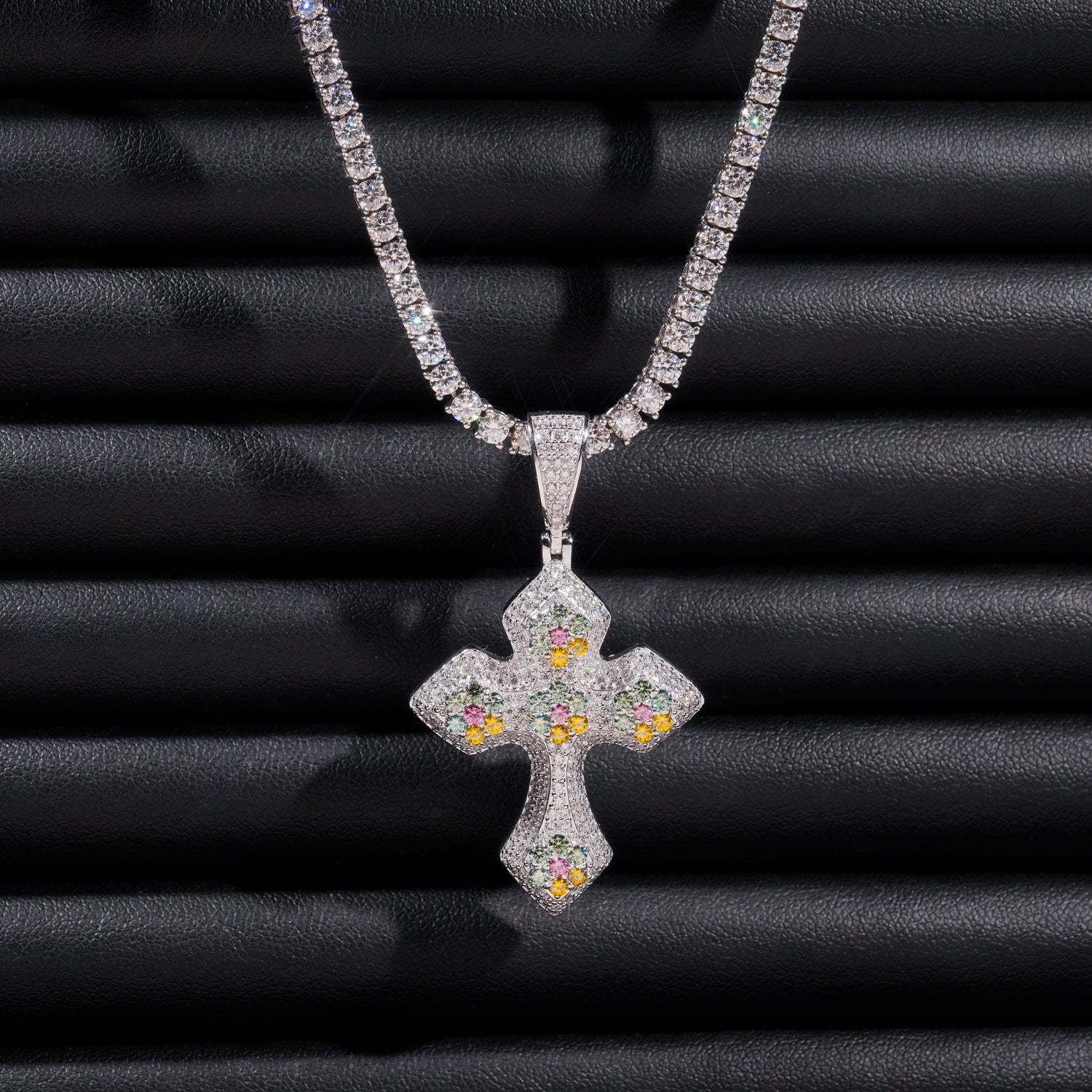 1.5" Tall Color Moissanite Diamond Cross pendant Match 4MM Tennis Chain