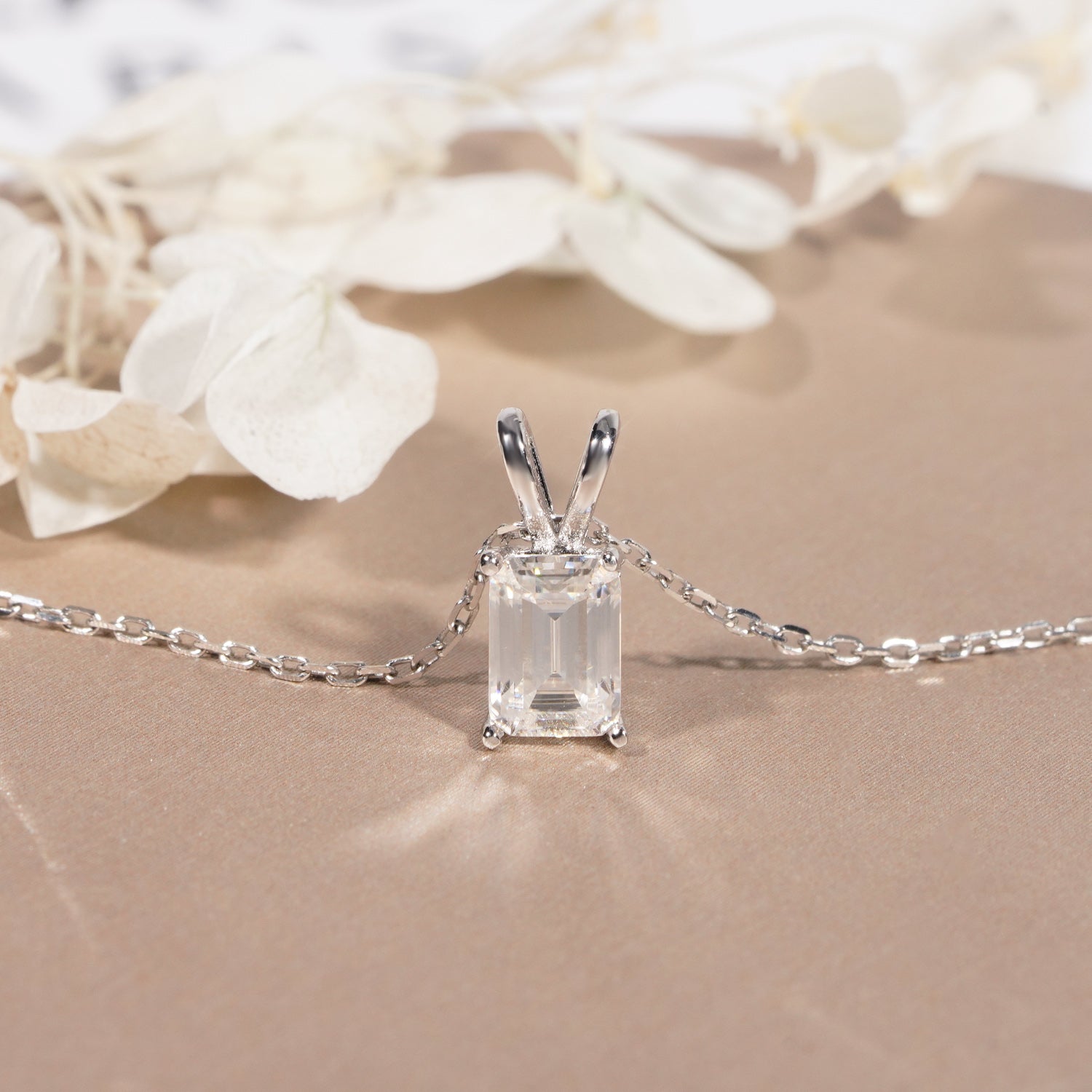 Solitaire 1ct Emerald Cut Moissanite Diamond Necklace Solid Silver For Women
