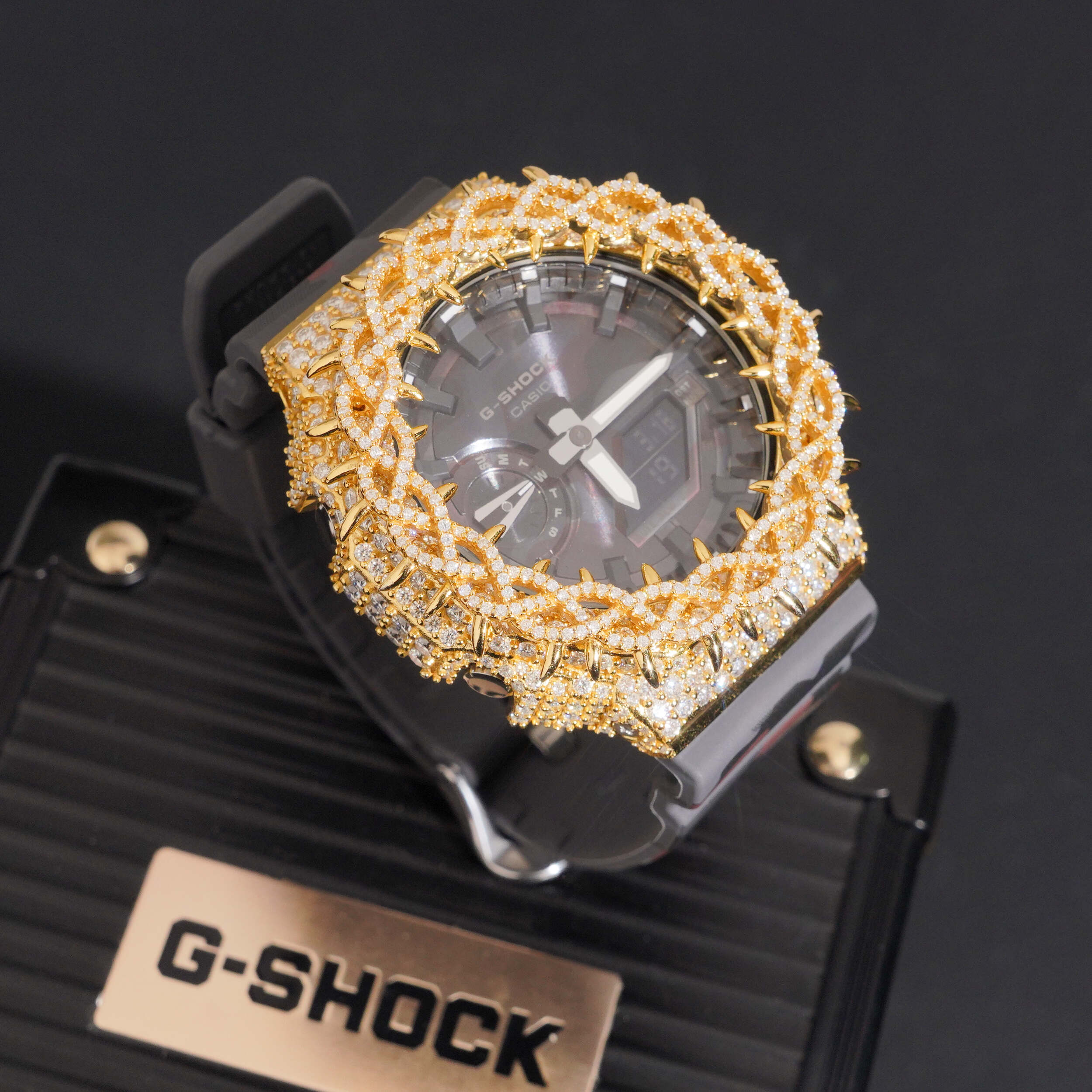 Yellow Gold Camo Band Iced Out G Shock GA2100 Watch
