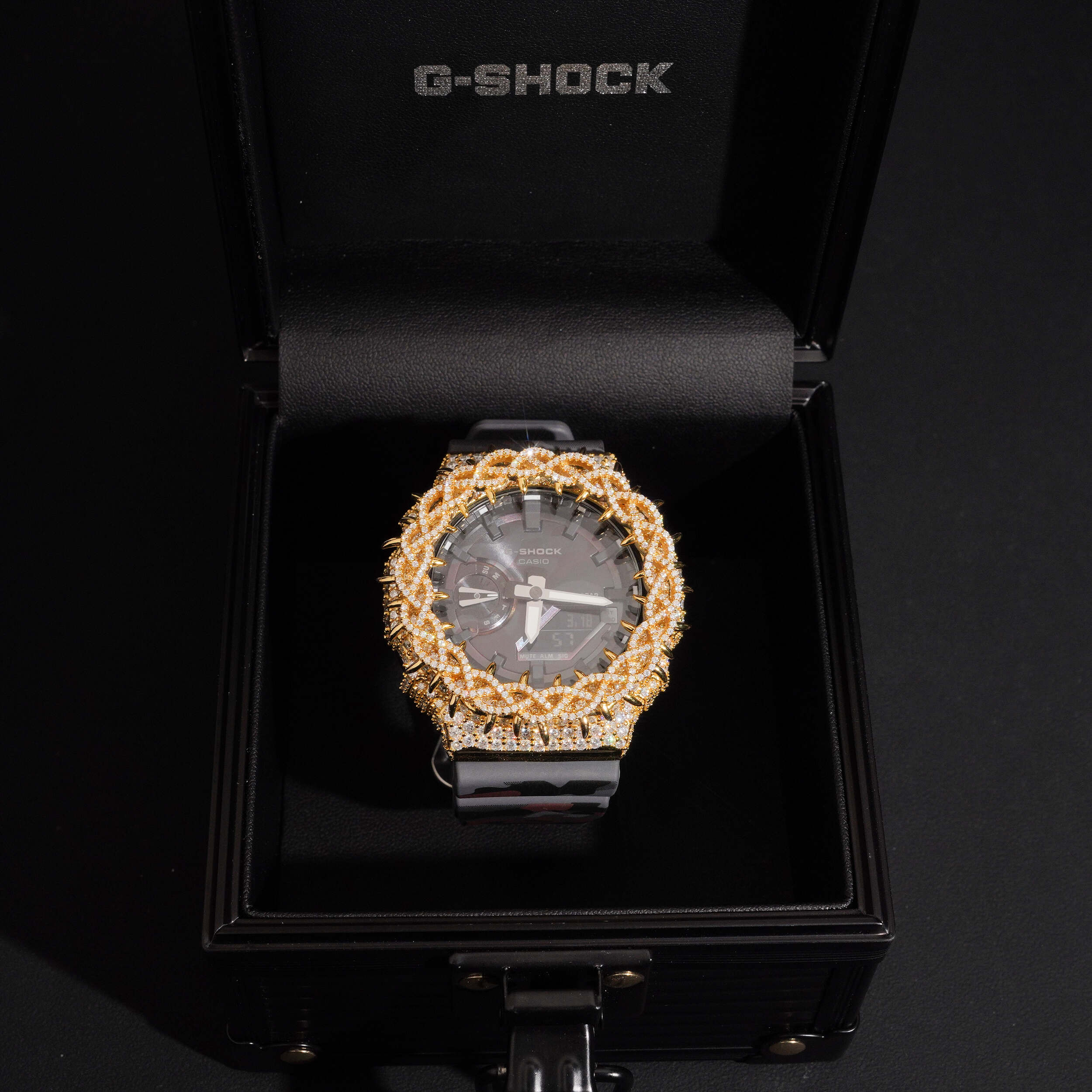 Yellow Gold Camo Band Iced Out G Shock GA2100 Watch