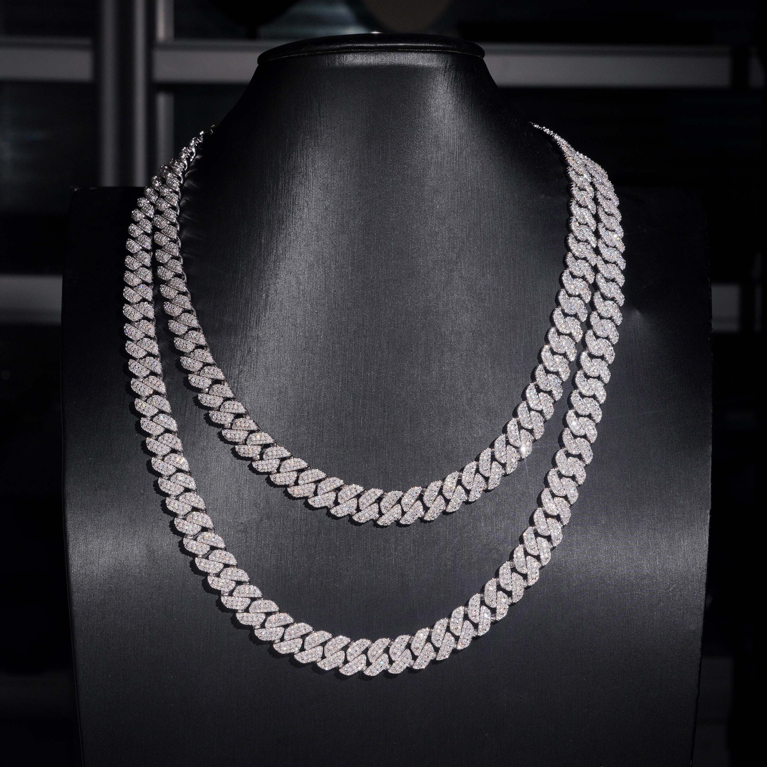 Three Rows 10MM Lab Grown Diamond Cuban Link Chain Necklace For Men