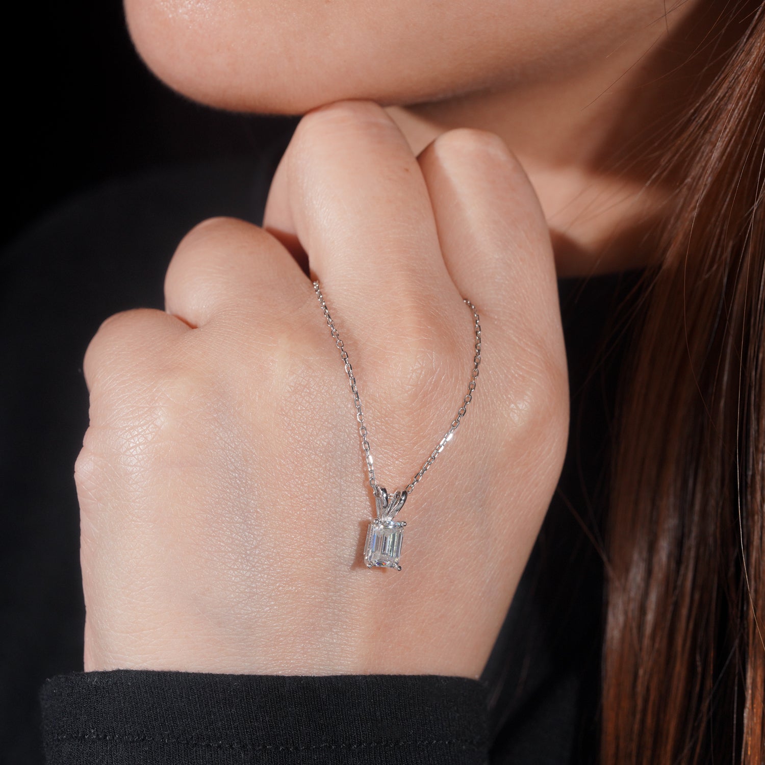 Solitaire 1ct Emerald Cut Moissanite Diamond Necklace Solid Silver For Women