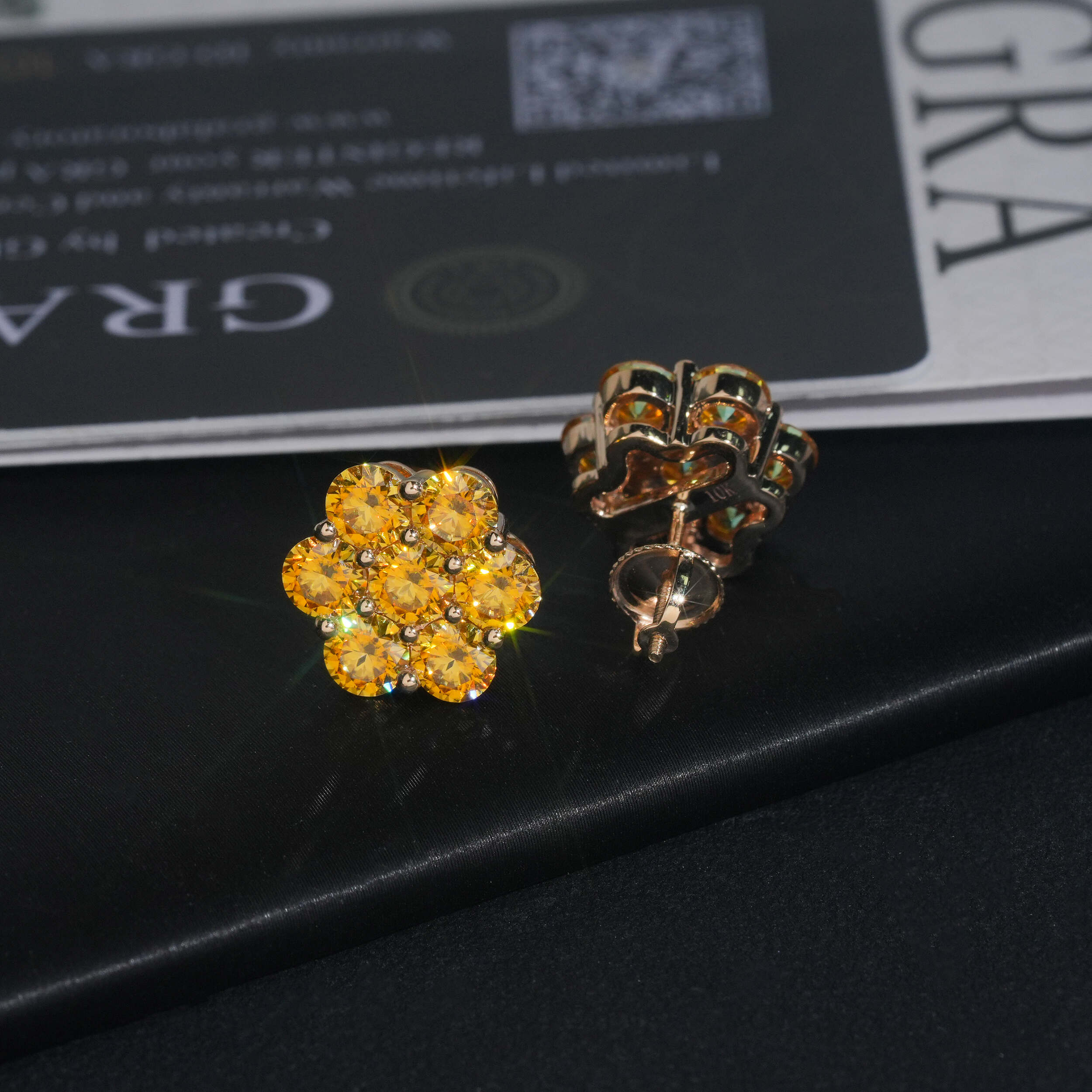10K Yellow Gold VVS Orange Moissanite Diamond Cluster Earrings 12MM