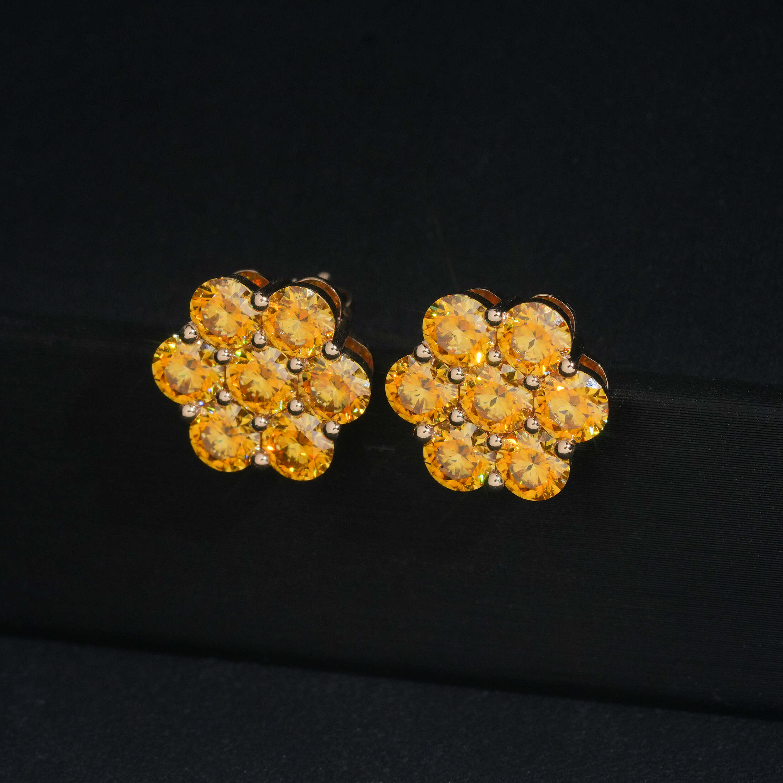 10K Yellow Gold VVS Orange Moissanite Diamond Cluster Earrings 12MM