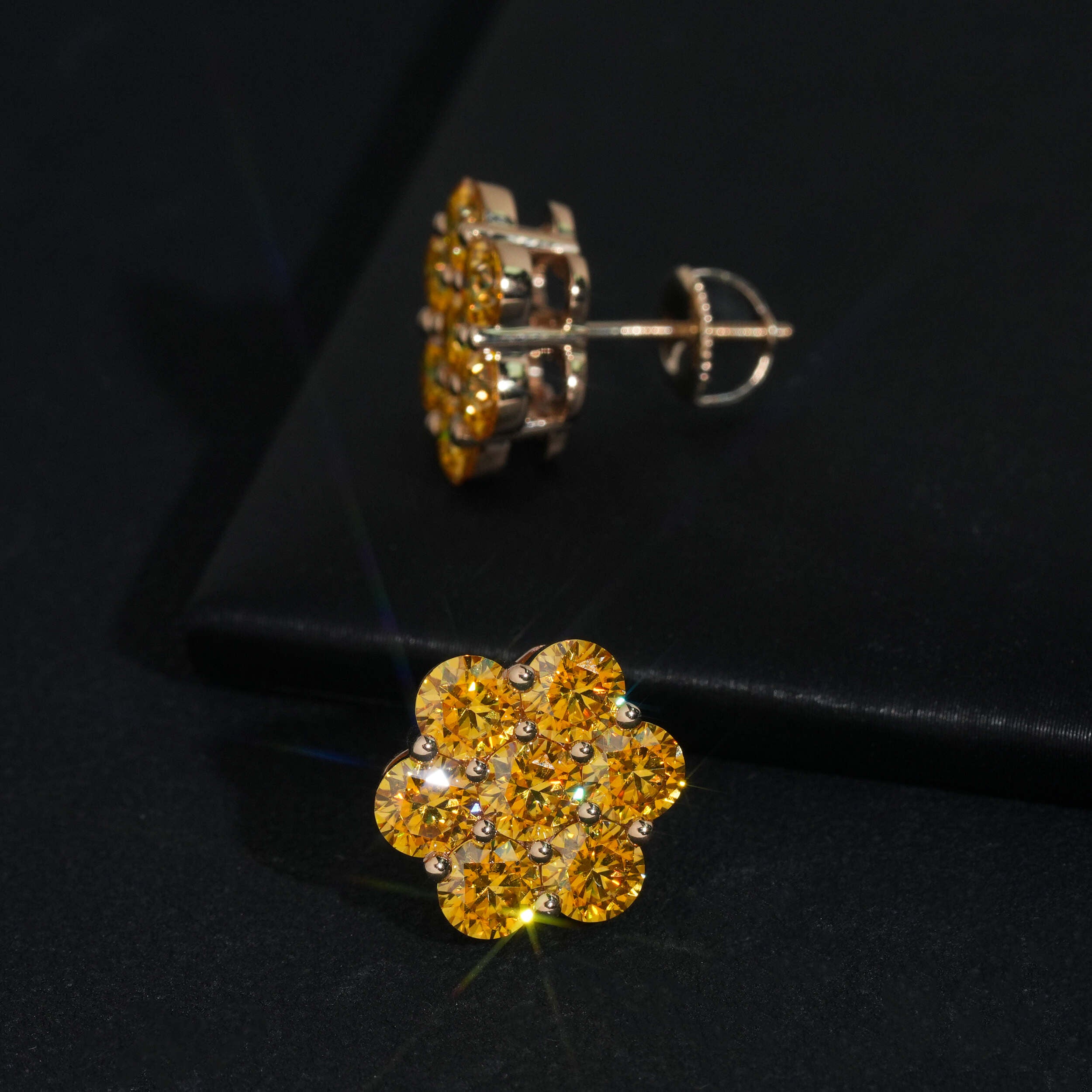 10K Yellow Gold VVS Orange Moissanite Diamond Cluster Earrings 12MM
