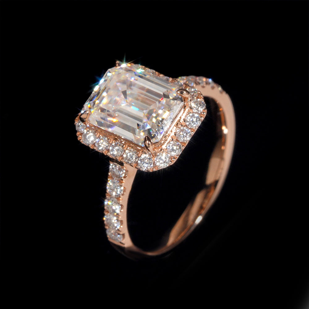 10K 14K 18K Real Rose Gold 2CT Emerald Cut Moissanite Halo Style Diamond Engagement Ring For Women
