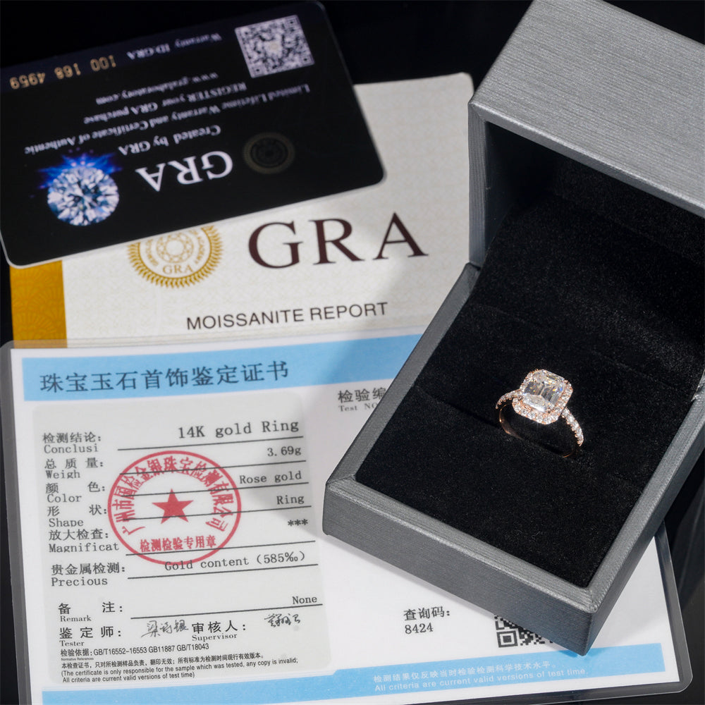 10K 14K 18K Real Rose Gold 2CT Emerald Cut Moissanite Halo Style Diamond Engagement Ring For Women