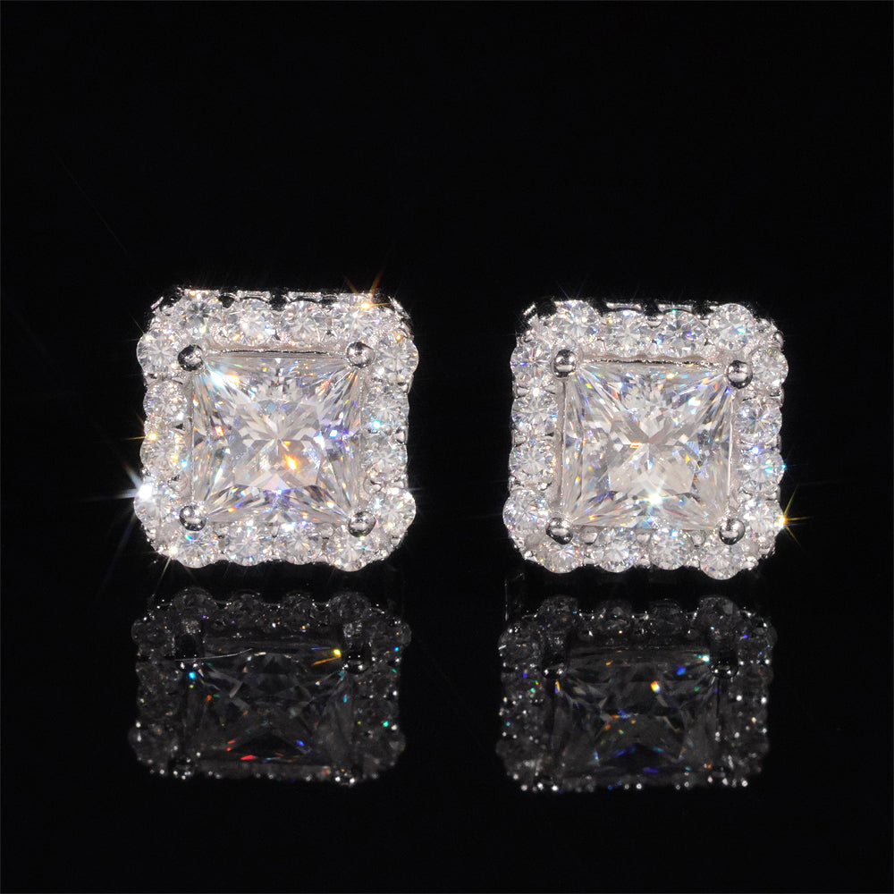 Solid Silver Halo Diamond Style Moissanite Earrings Screw Back For Unisex