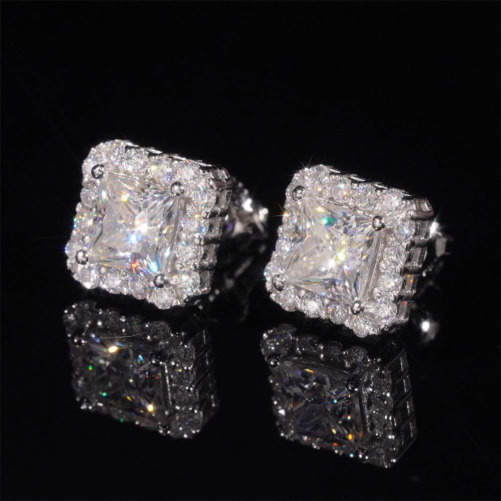 Solid Silver Halo Diamond Style Moissanite Earrings Screw Back For Unisex