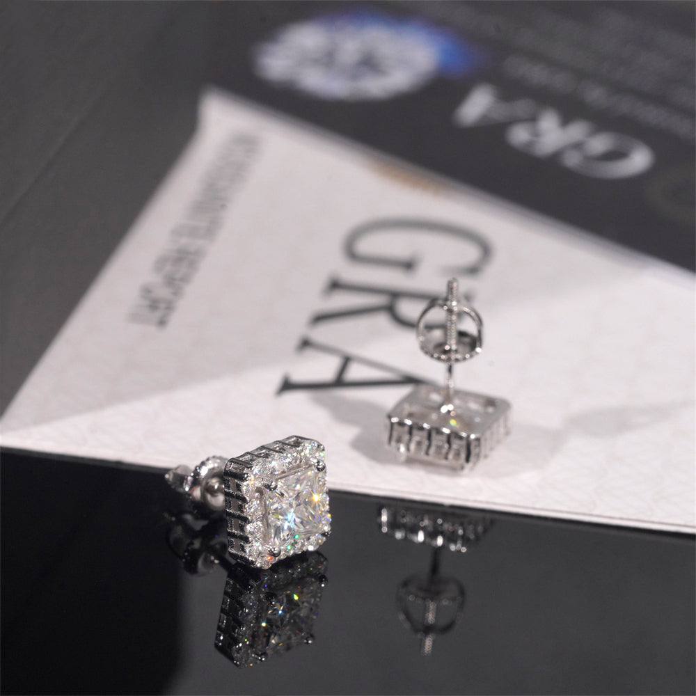 Solid Silver Halo Diamond Style Moissanite Earrings Screw Back For Unisex