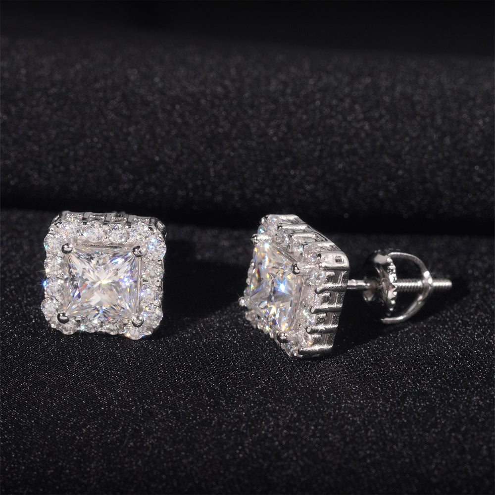 Solid Silver Halo Diamond Style Moissanite Earrings Screw Back For Unisex