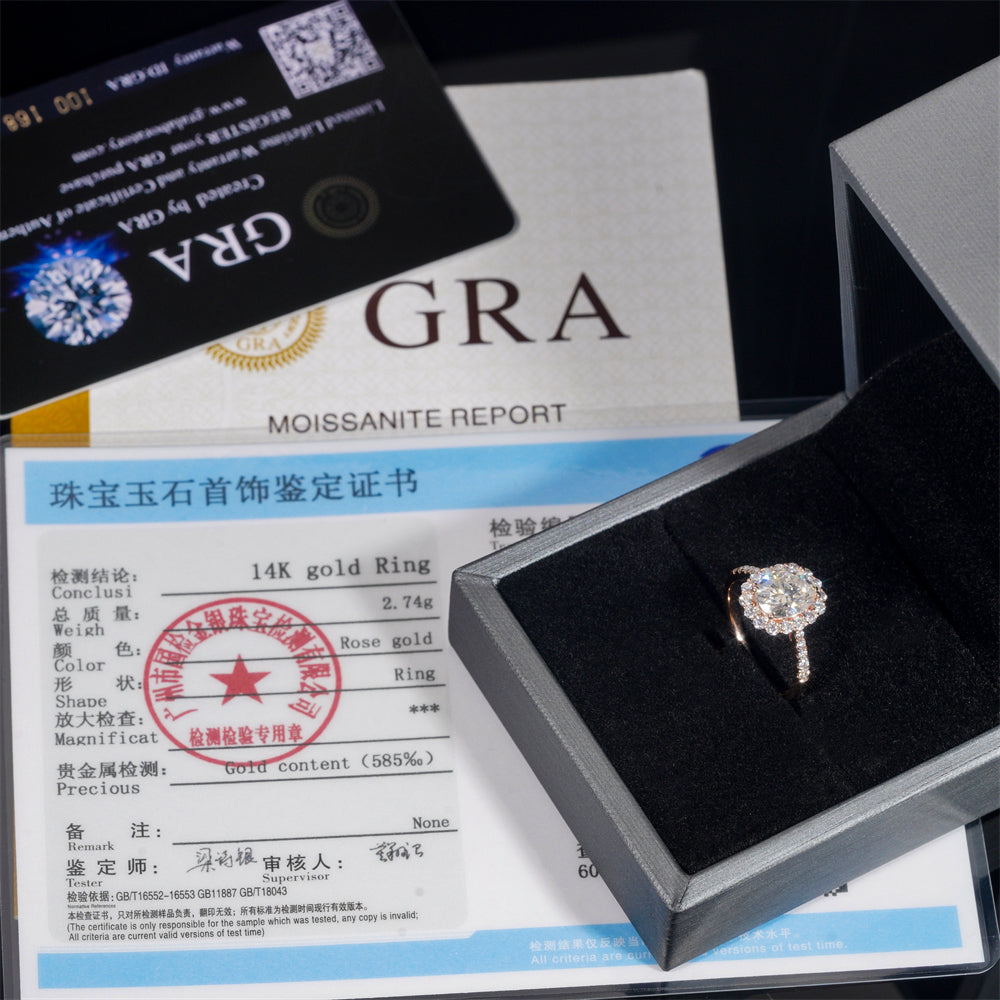 10K 14K 18K Rose Gold 2CT Oval Cut VVS D Color Moissanite Halo Style Diamond Engagement Ring