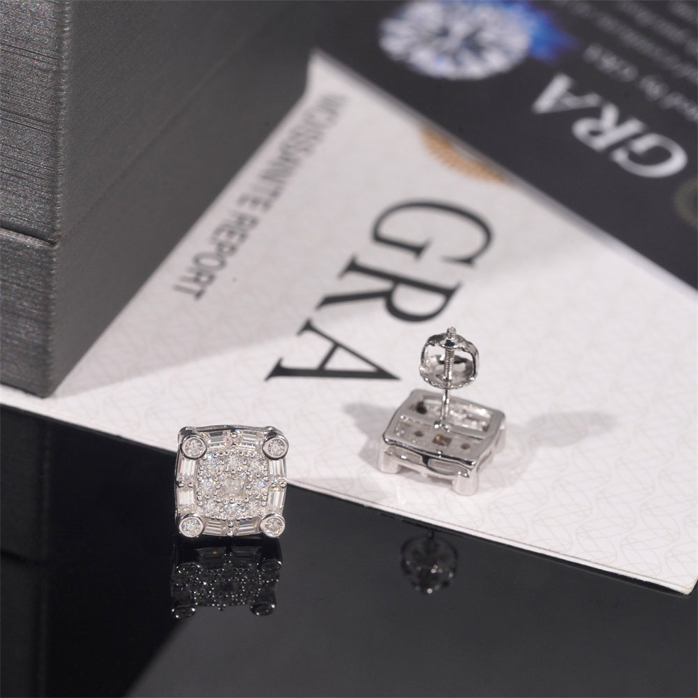 Hot Sell Square Moissanite Earrings 925 Sterling Silver Iced Out For Men And Women