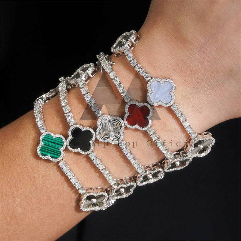 3MM Solid 10K White Gold Clover Moissanite Tennis Bracelet with Red Agate Gemstone0